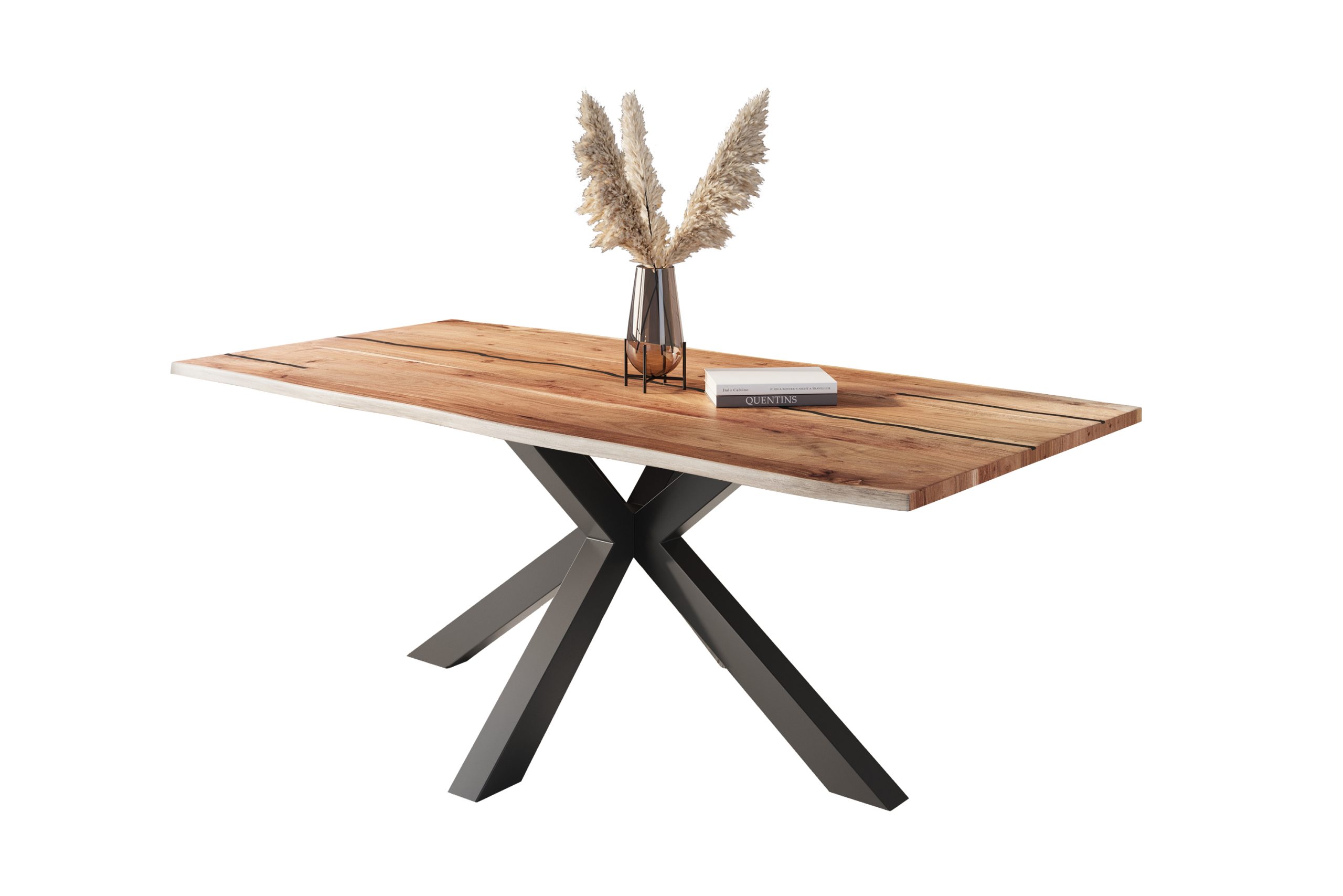 Baumkantentisch Akazie natur mit schwarzen Resin-Adern 220 x 100 cm Spider-Gestell schwarz POLLY – Bild 2