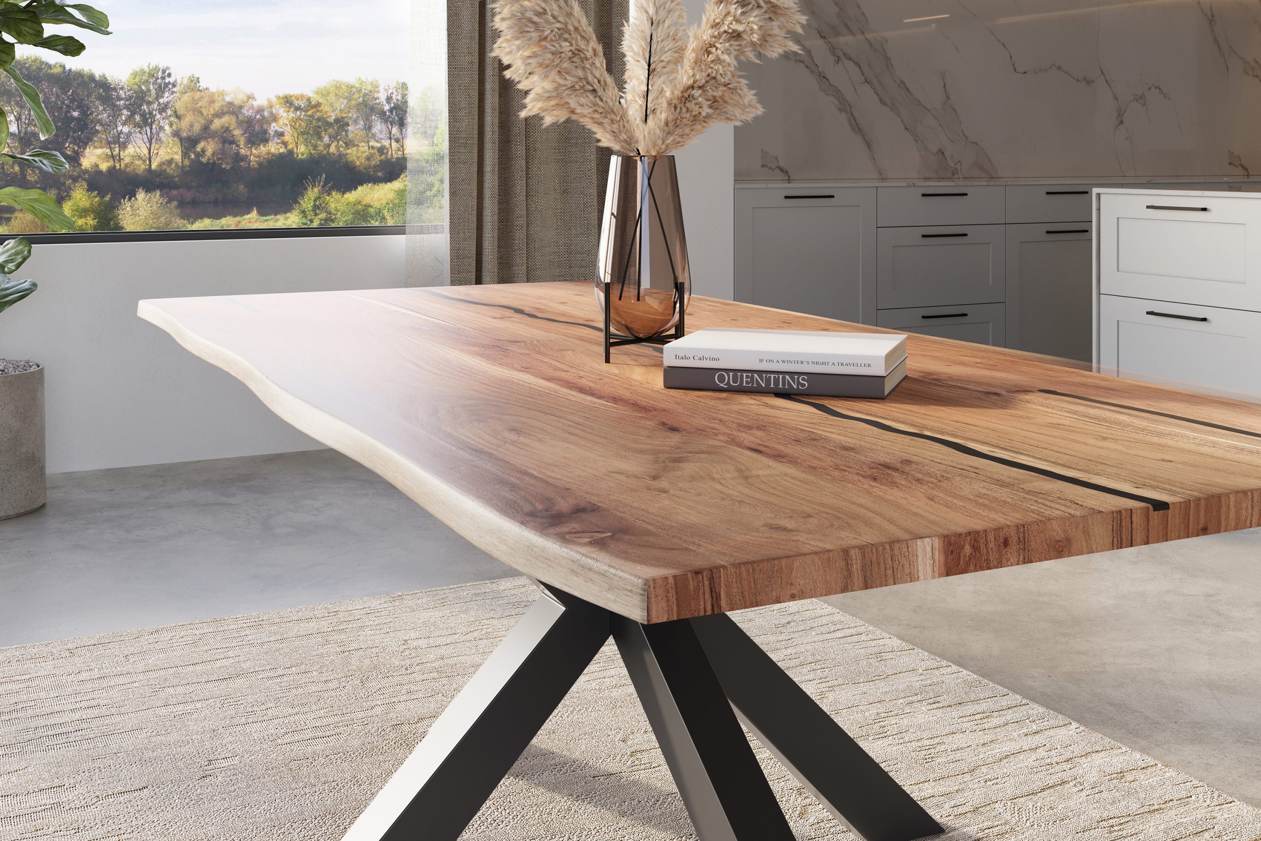 Baumkantentisch Akazie natur mit schwarzen Resin-Adern 220 x 100 cm Spider-Gestell schwarz POLLY – Bild 4