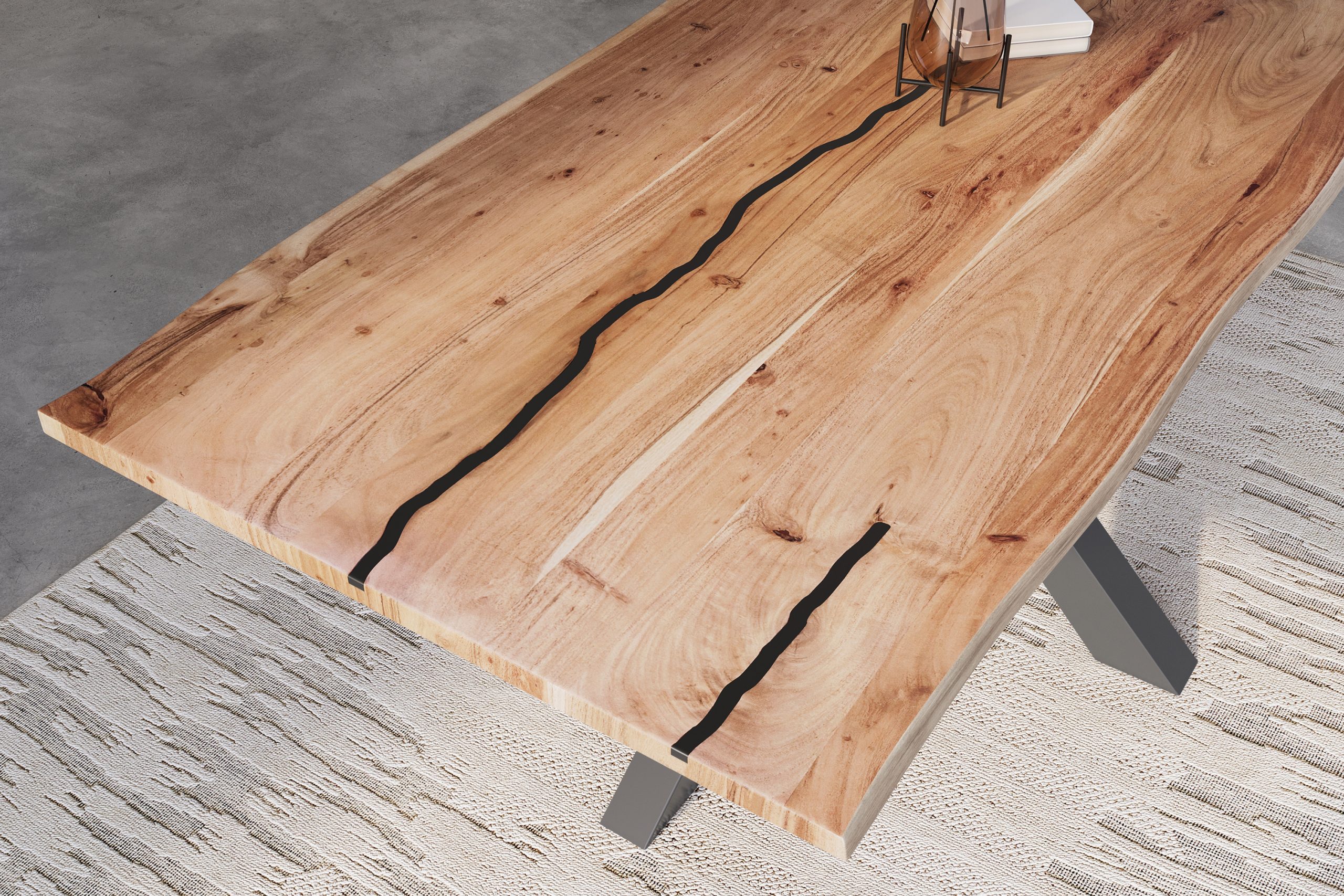 Baumkantentisch Akazie natur mit schwarzen Resin-Adern 220 x 100 cm Spider-Gestell schwarz POLLY – Bild 6