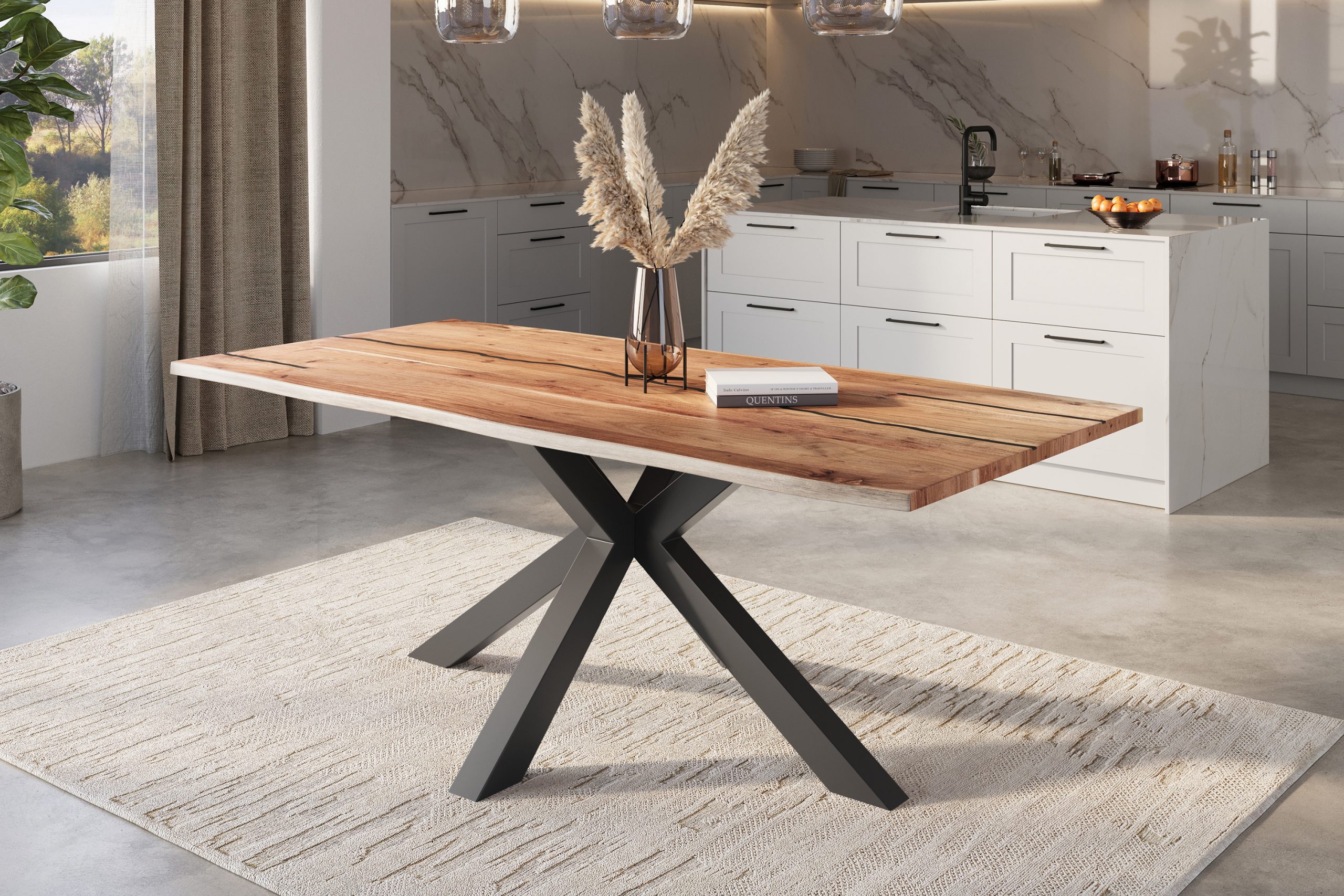 Baumkantentisch Akazie natur mit schwarzen Resin-Adern 240 x 100 cm Spider-Gestell schwarz POLLY