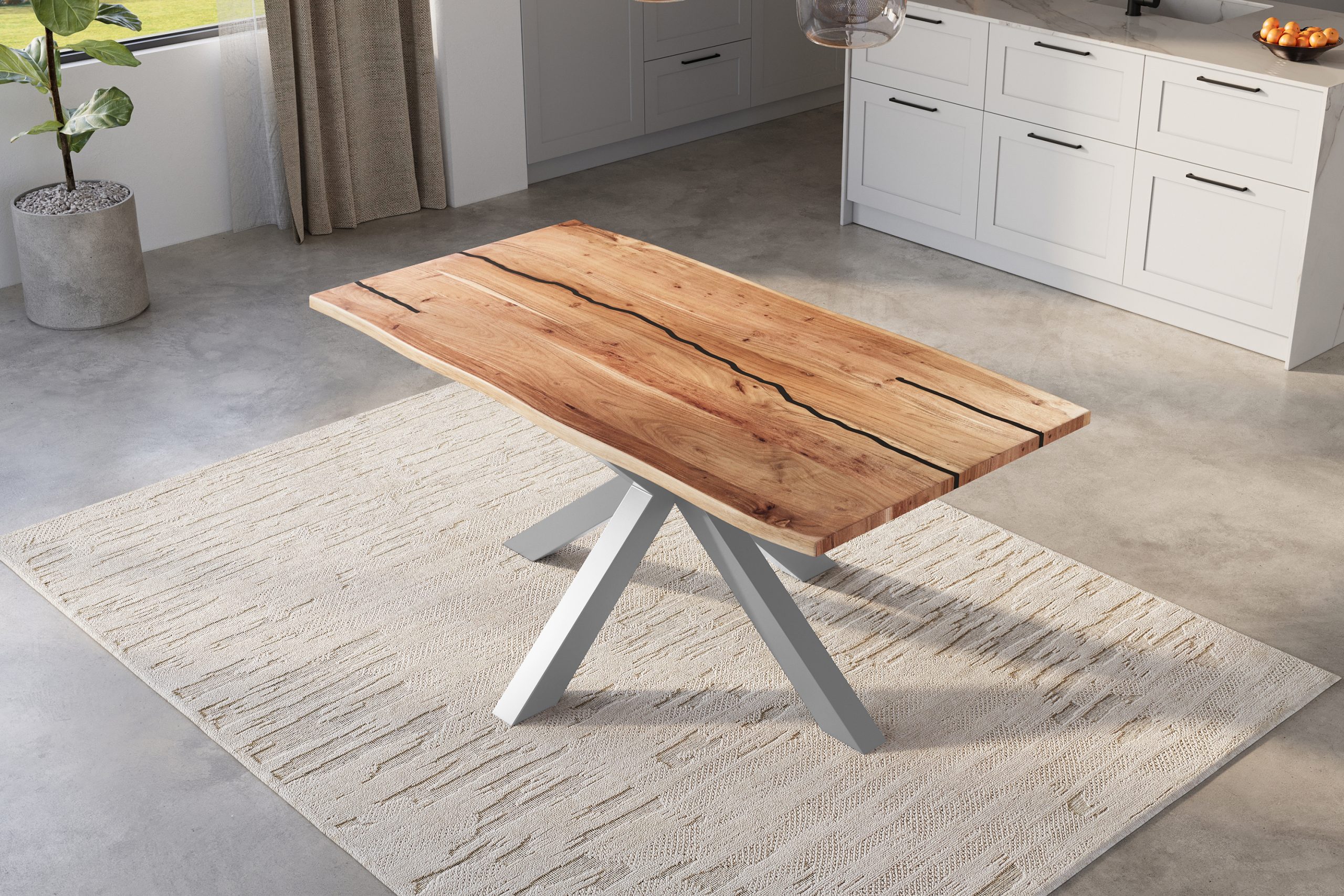 Baumkantentisch Akazie natur mit schwarzen Resin-Adern 120 x 80 Spider-Gestell silber POLLY – Bild 5