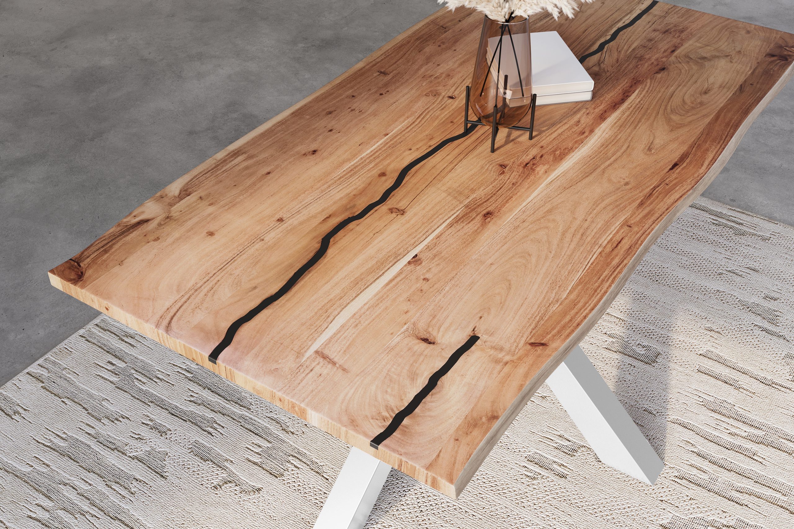 Baumkantentisch Akazie natur mit schwarzen Resin-Adern 180 x 90 cm Spider-Gestell silber POLLY – Bild 6