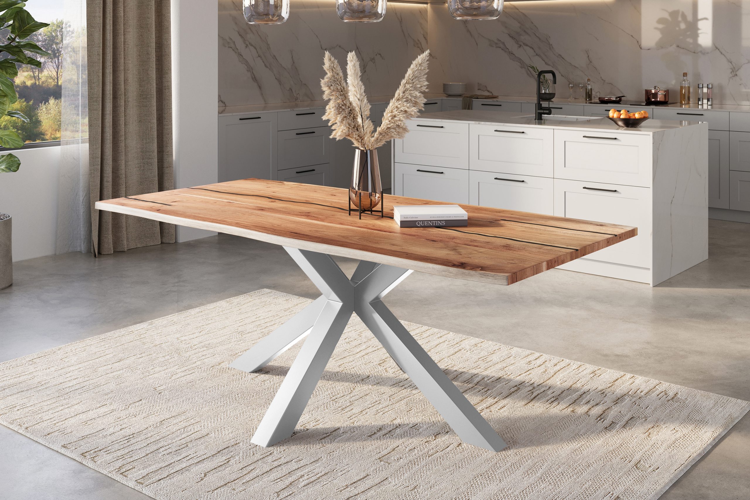 Baumkantentisch Akazie natur mit schwarzen Resin-Adern 240 x 100 cm Spider-Gestell silber POLLY