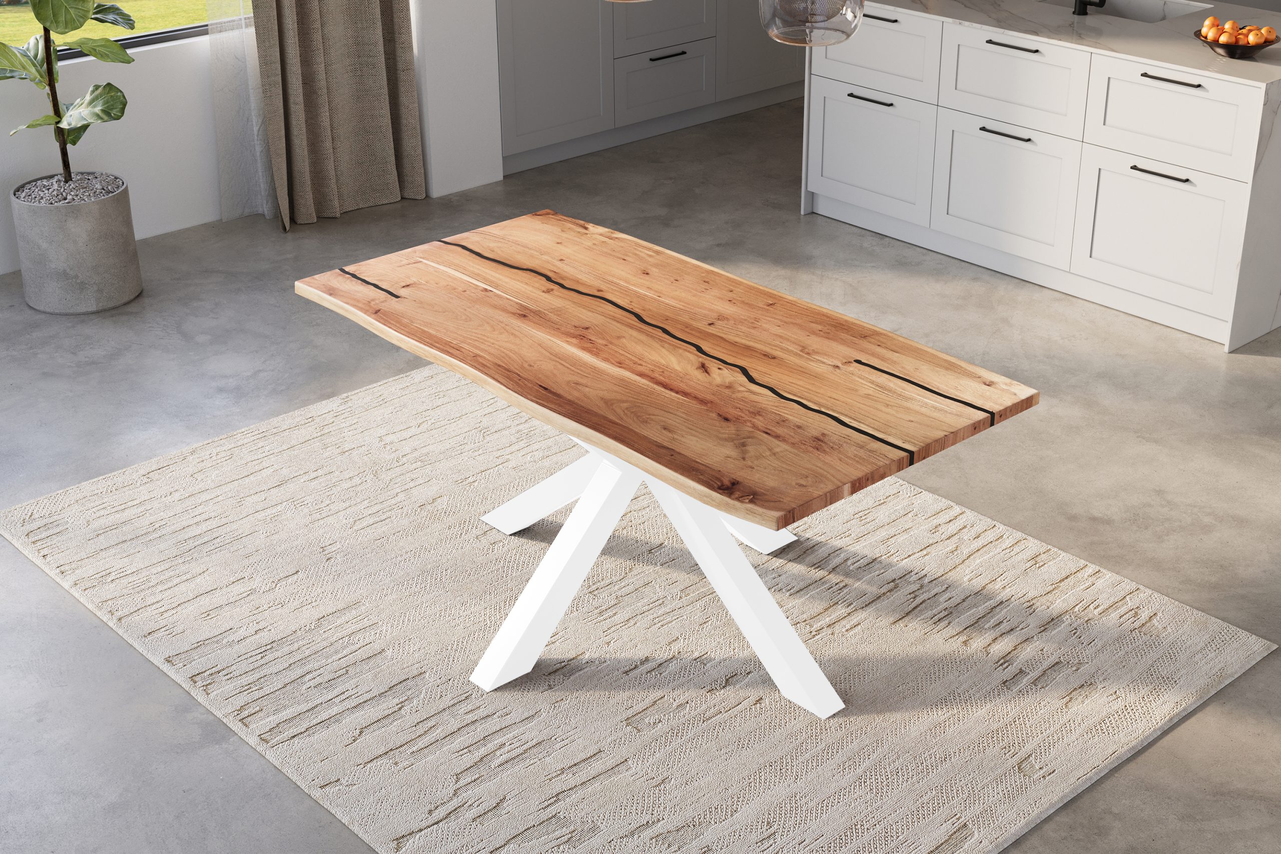 Baumkantentisch Akazie natur mit schwarzen Resin-Adern 120 x 80 Spider-Gestell weiß POLLY – Bild 5