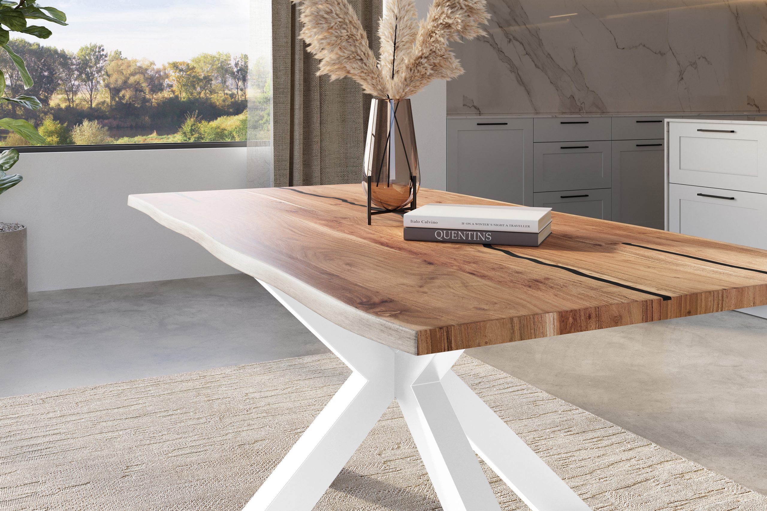 Baumkantentisch Akazie natur mit schwarzen Resin-Adern 160 x 85 cm Spider-Gestell weiß POLLY – Bild 4