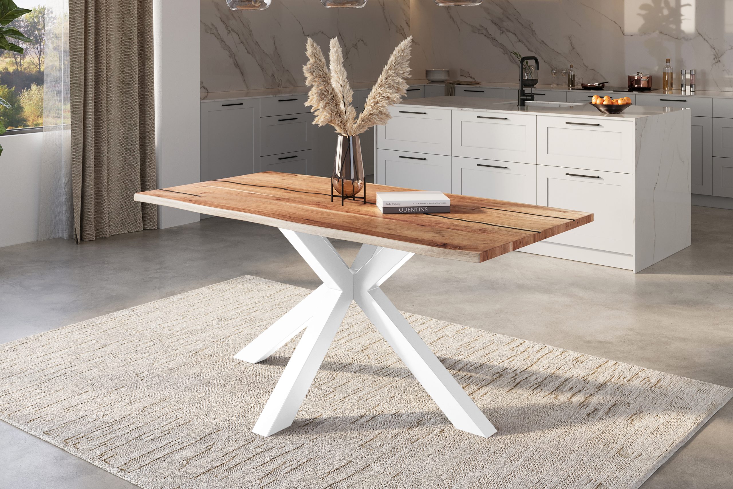 Baumkantentisch Akazie natur mit schwarzen Resin-Adern 180 x 90 cm Spider-Gestell weiß POLLY