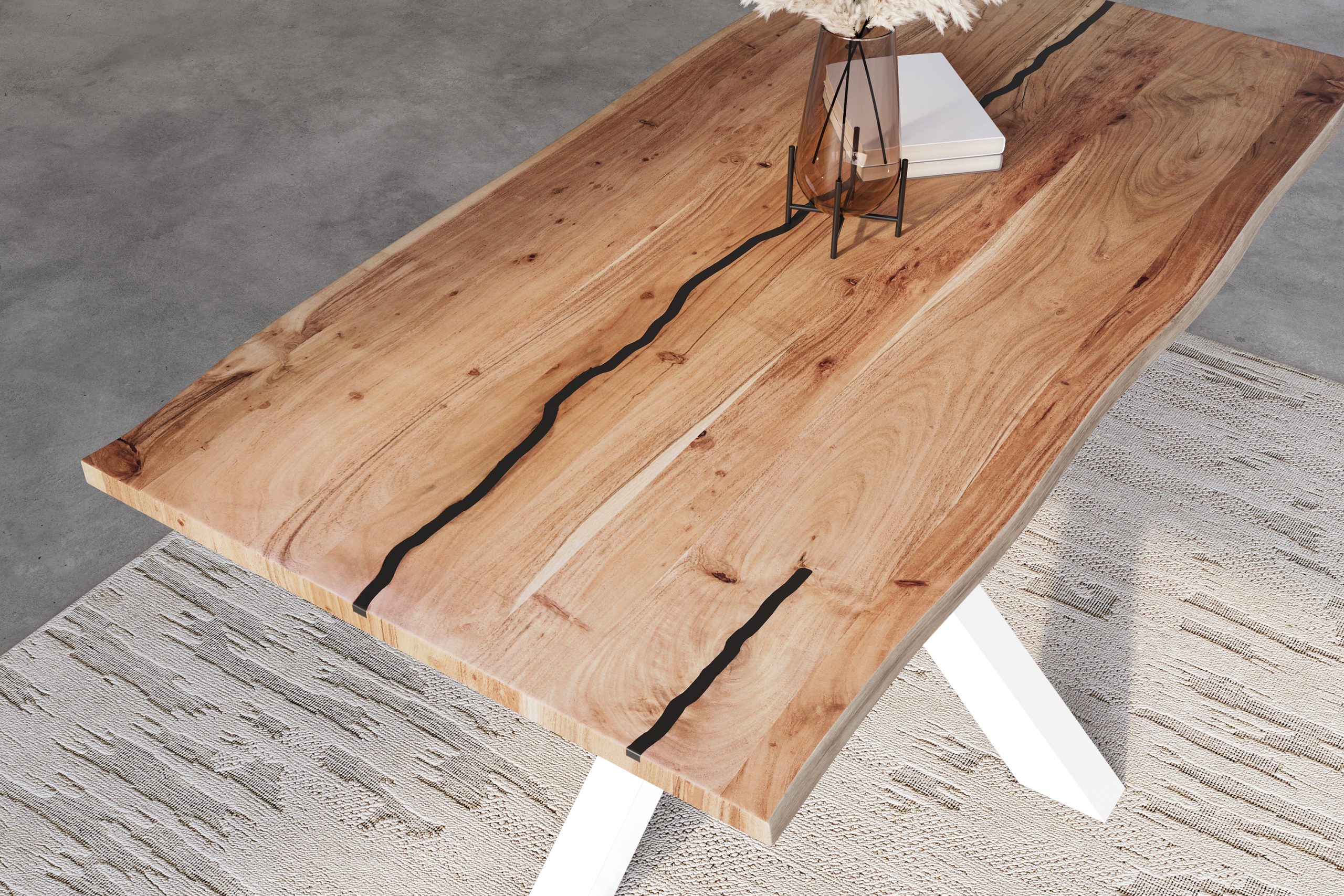 Baumkantentisch Akazie natur mit schwarzen Resin-Adern 180 x 90 cm Spider-Gestell weiß POLLY – Bild 6