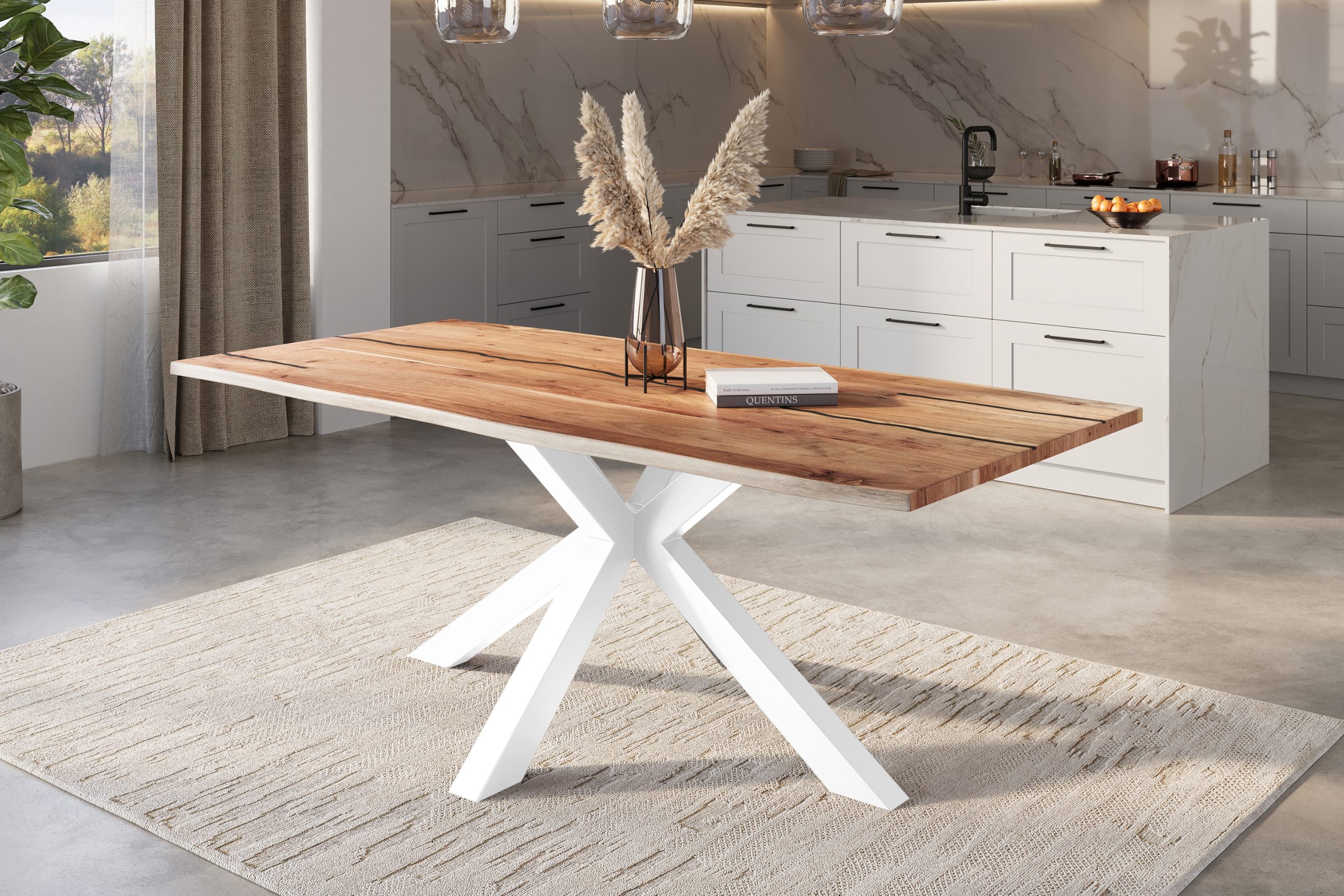 Baumkantentisch Akazie natur mit schwarzen Resin-Adern 240 x 100 cm Spider-Gestell weiß POLLY