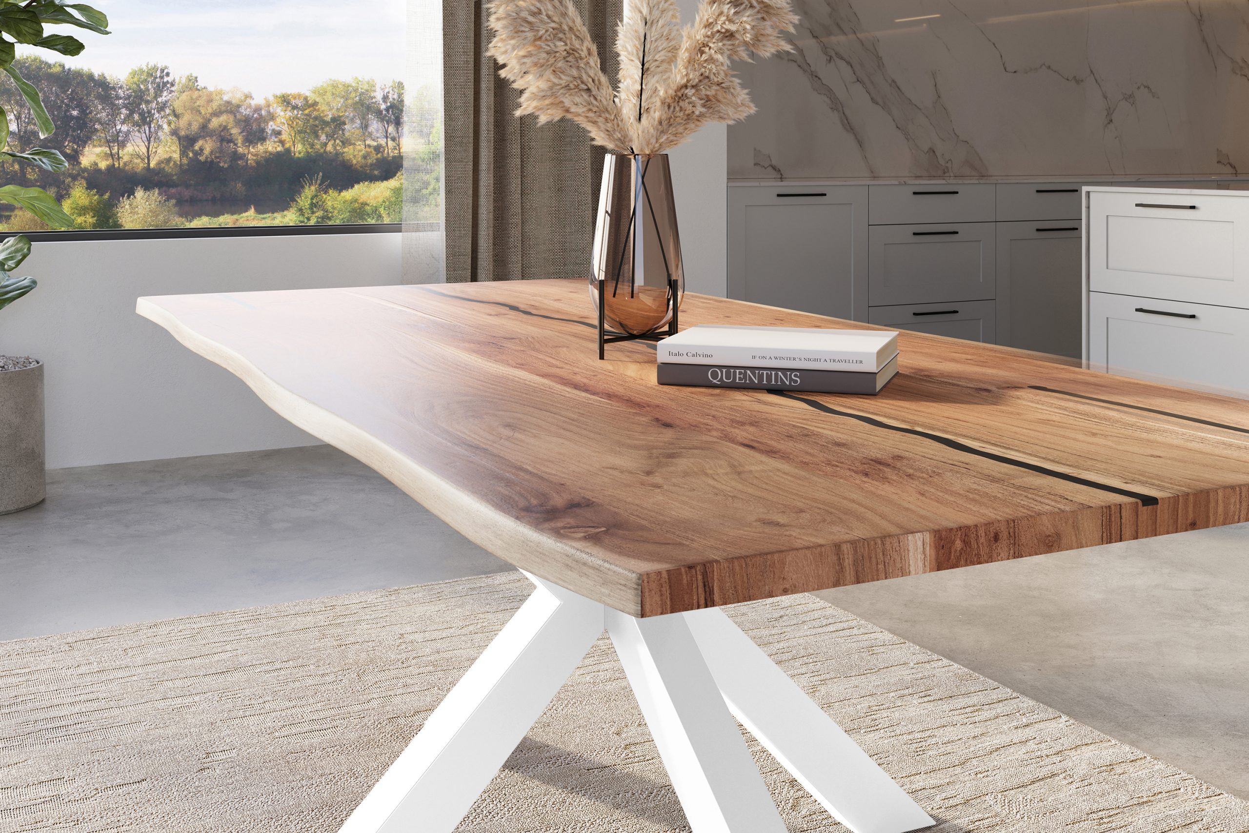 Baumkantentisch Akazie natur mit schwarzen Resin-Adern 240 x 100 cm Spider-Gestell weiß POLLY – Bild 4