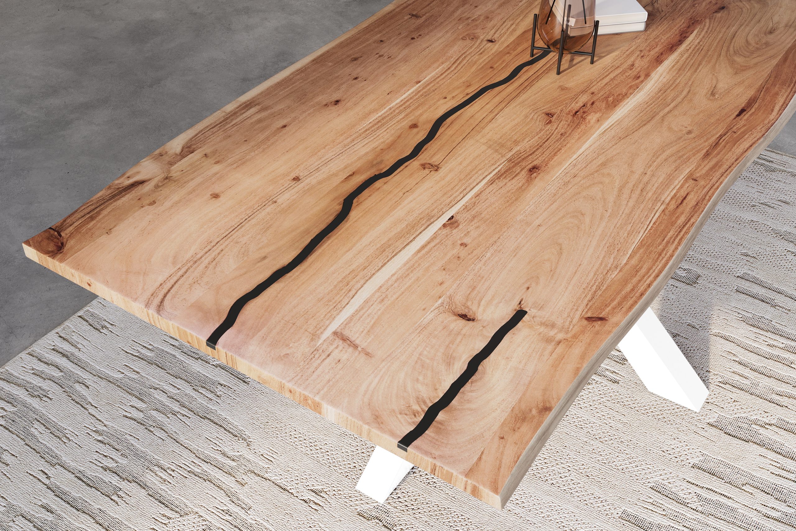 Baumkantentisch Akazie natur mit schwarzen Resin-Adern 240 x 100 cm Spider-Gestell weiß POLLY – Bild 6