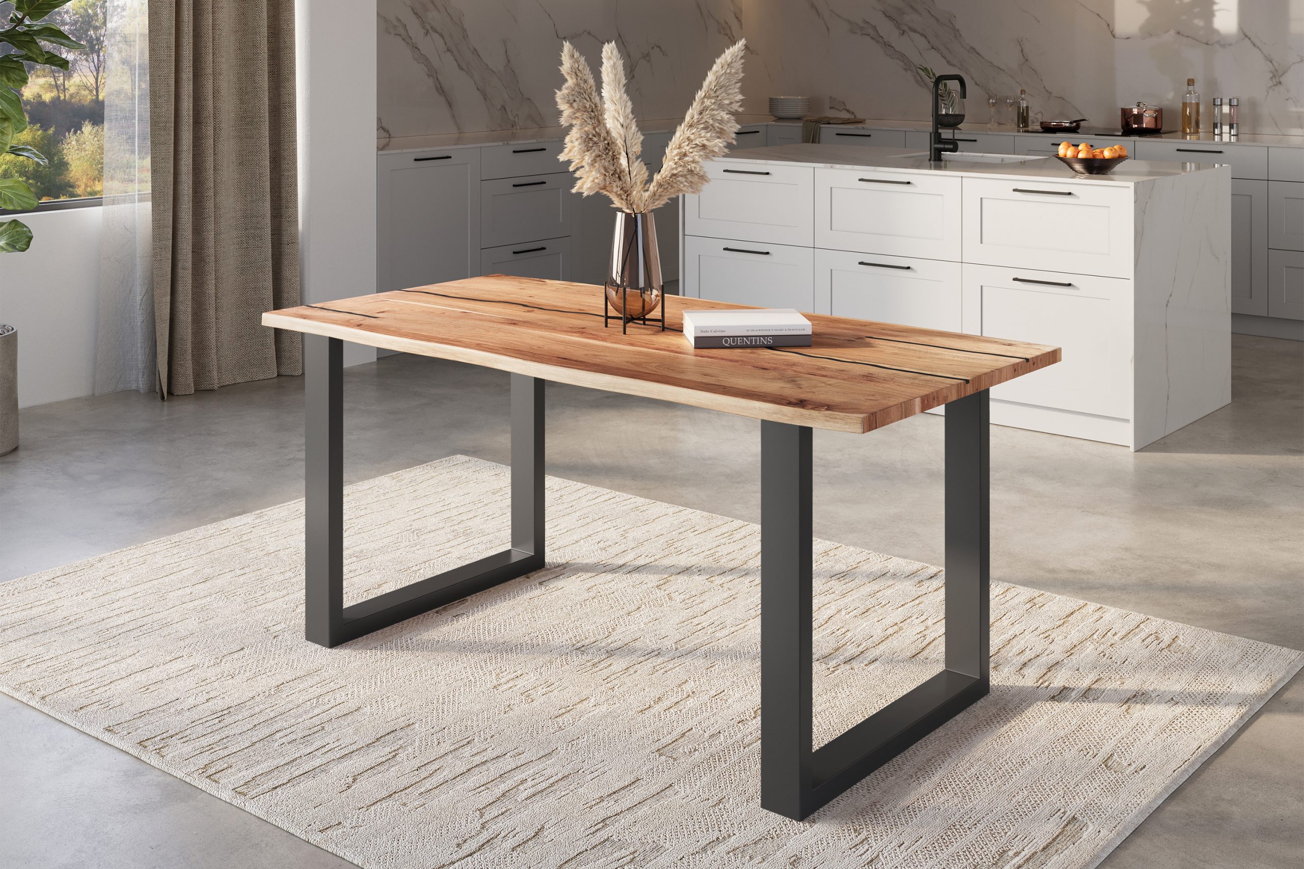 Baumkantentisch Akazie natur mit schwarzen Resin-Adern 120 x 80 U-Gestell schwarz POLLY