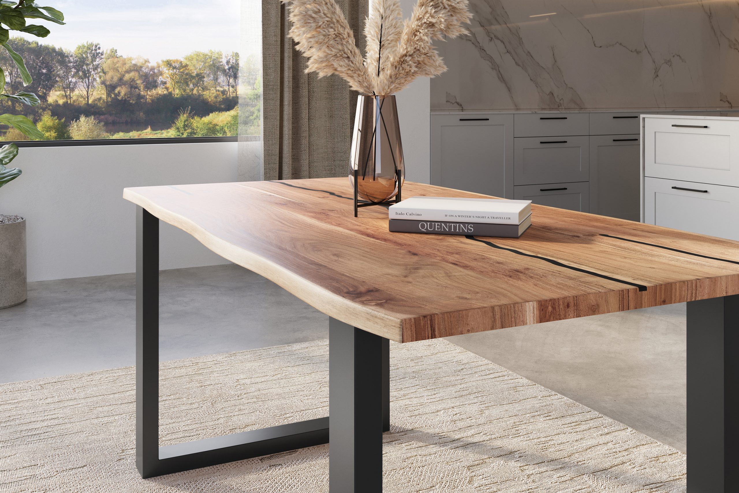 Baumkantentisch Akazie natur mit schwarzen Resin-Adern 140 x 80 cm U-Gestell schwarz POLLY – Bild 4