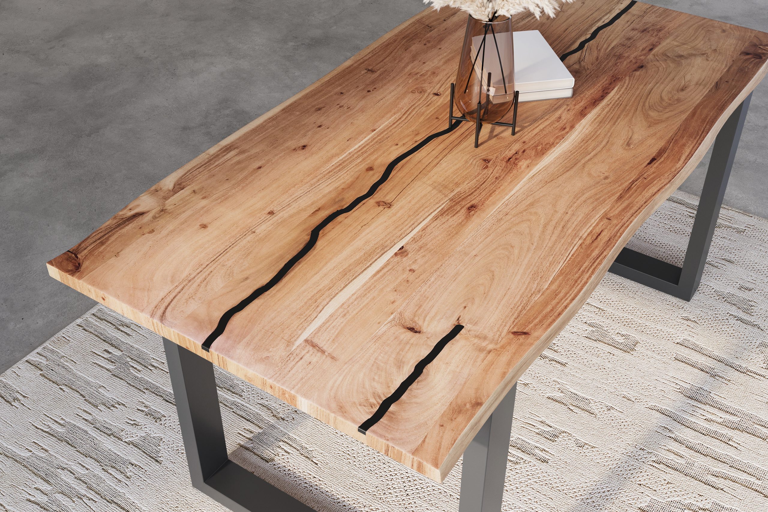 Baumkantentisch Akazie natur mit schwarzen Resin-Adern 180 x 90 cm U-Gestell schwarz POLLY – Bild 6