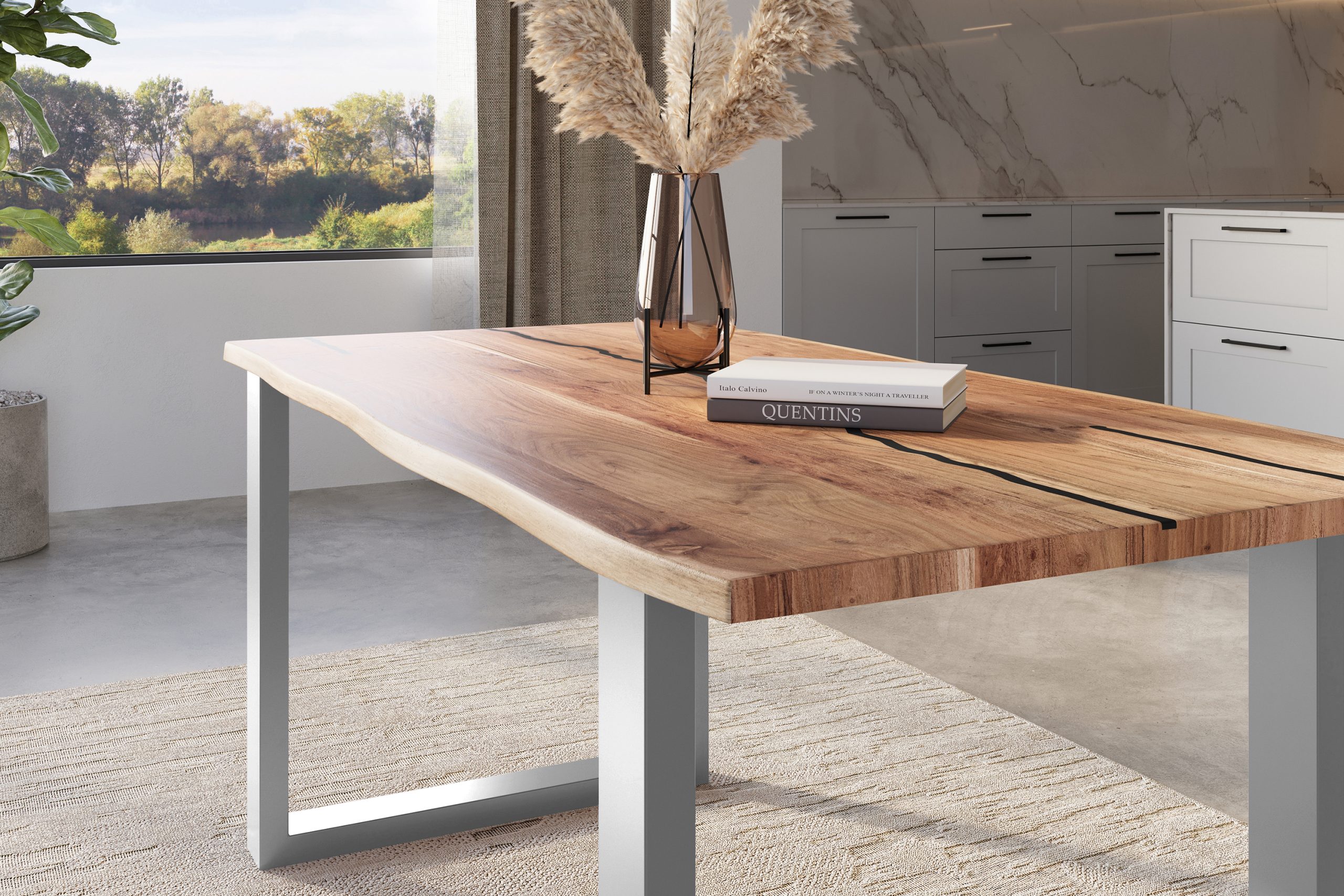 Baumkantentisch Akazie natur mit schwarzen Resin-Adern 120 x 80 U-Gestell silber POLLY – Bild 4