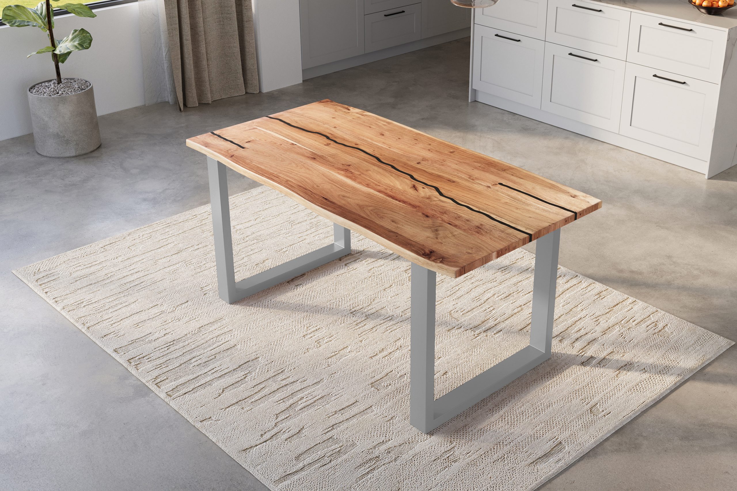 Baumkantentisch Akazie natur mit schwarzen Resin-Adern 140 x 80 cm U-Gestell silber POLLY – Bild 5