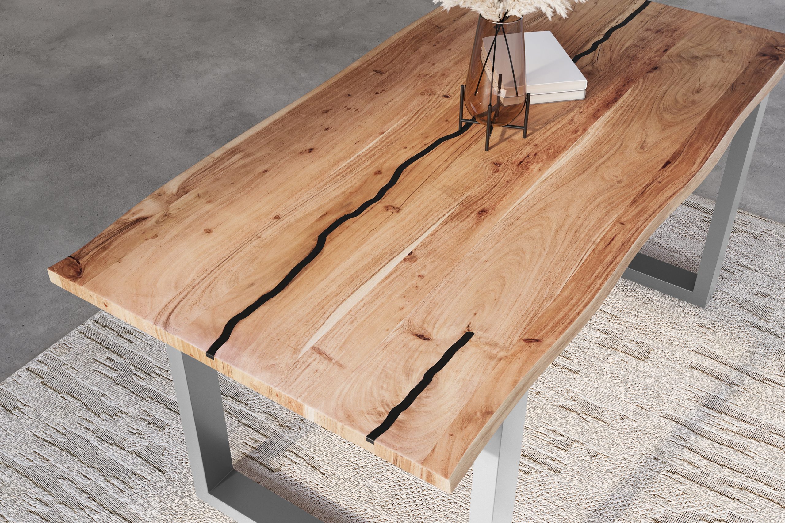 Baumkantentisch Akazie natur mit schwarzen Resin-Adern 140 x 80 cm U-Gestell silber POLLY – Bild 6