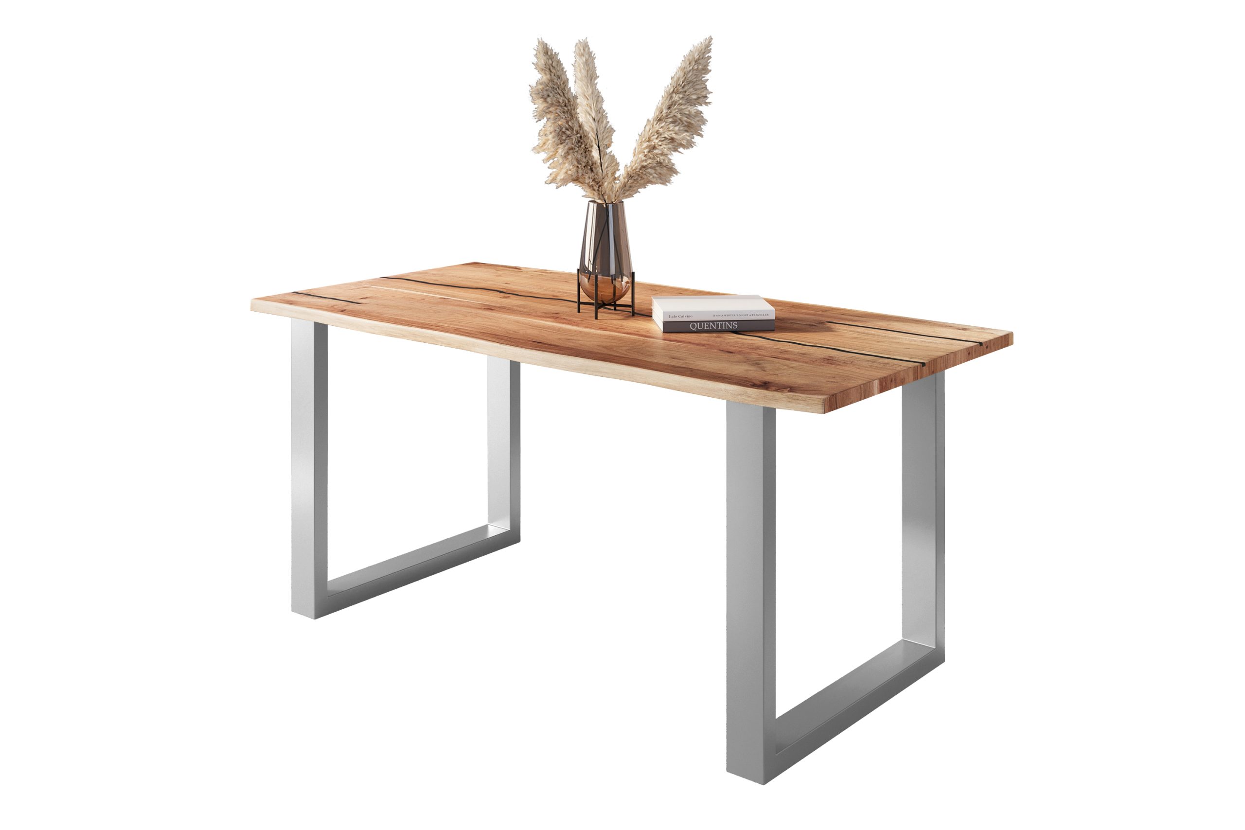 Baumkantentisch Akazie natur mit schwarzen Resin-Adern 160 x 85 cm U-Gestell silber POLLY – Bild 2