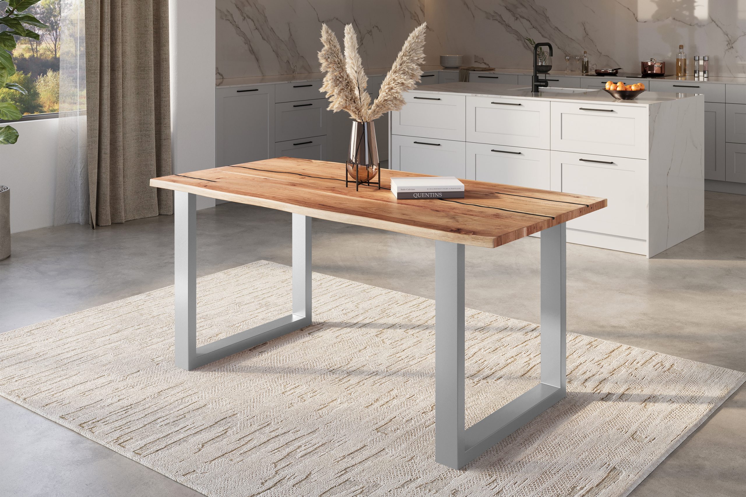 Baumkantentisch Akazie natur mit schwarzen Resin-Adern 180 x 90 cm U-Gestell silber POLLY