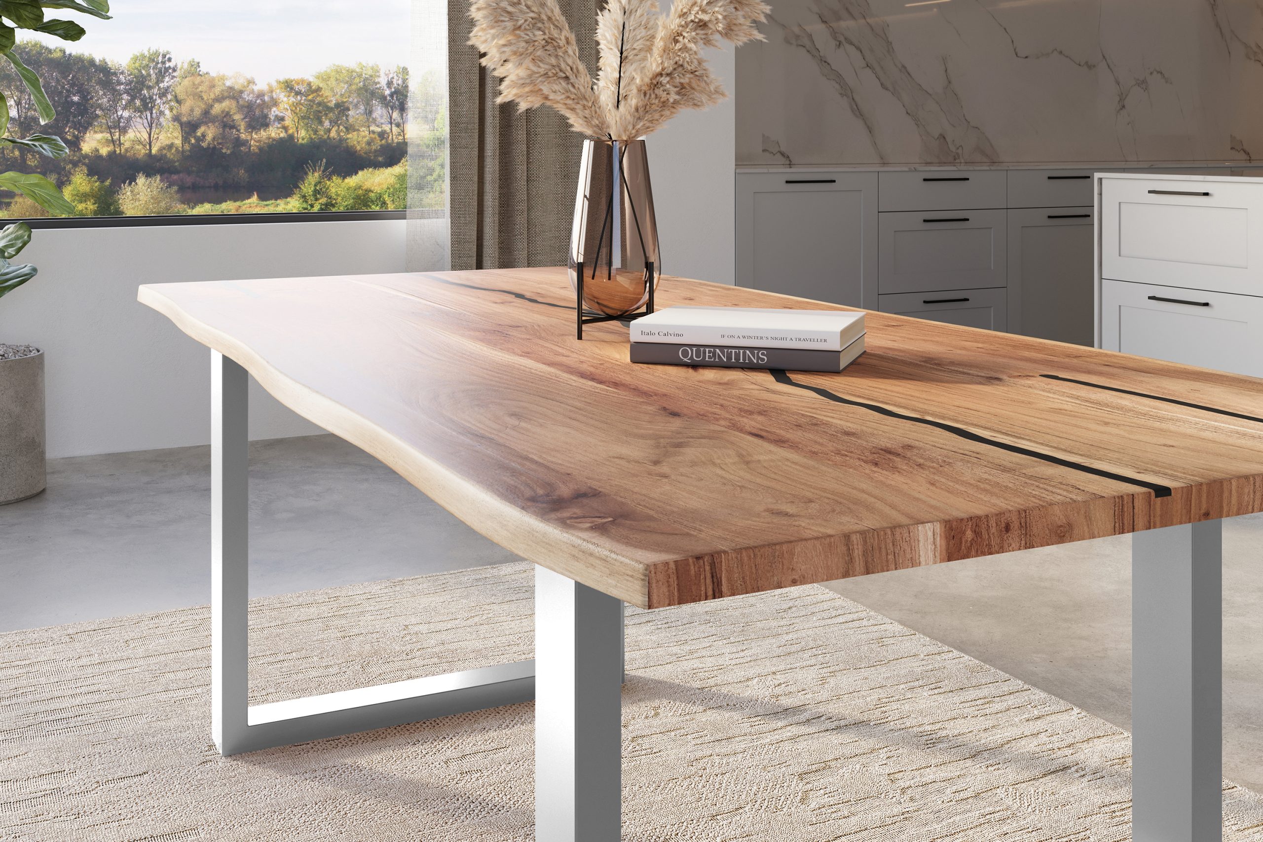 Baumkantentisch Akazie natur mit schwarzen Resin-Adern 220 x 100 cm U-Gestell silber POLLY – Bild 4