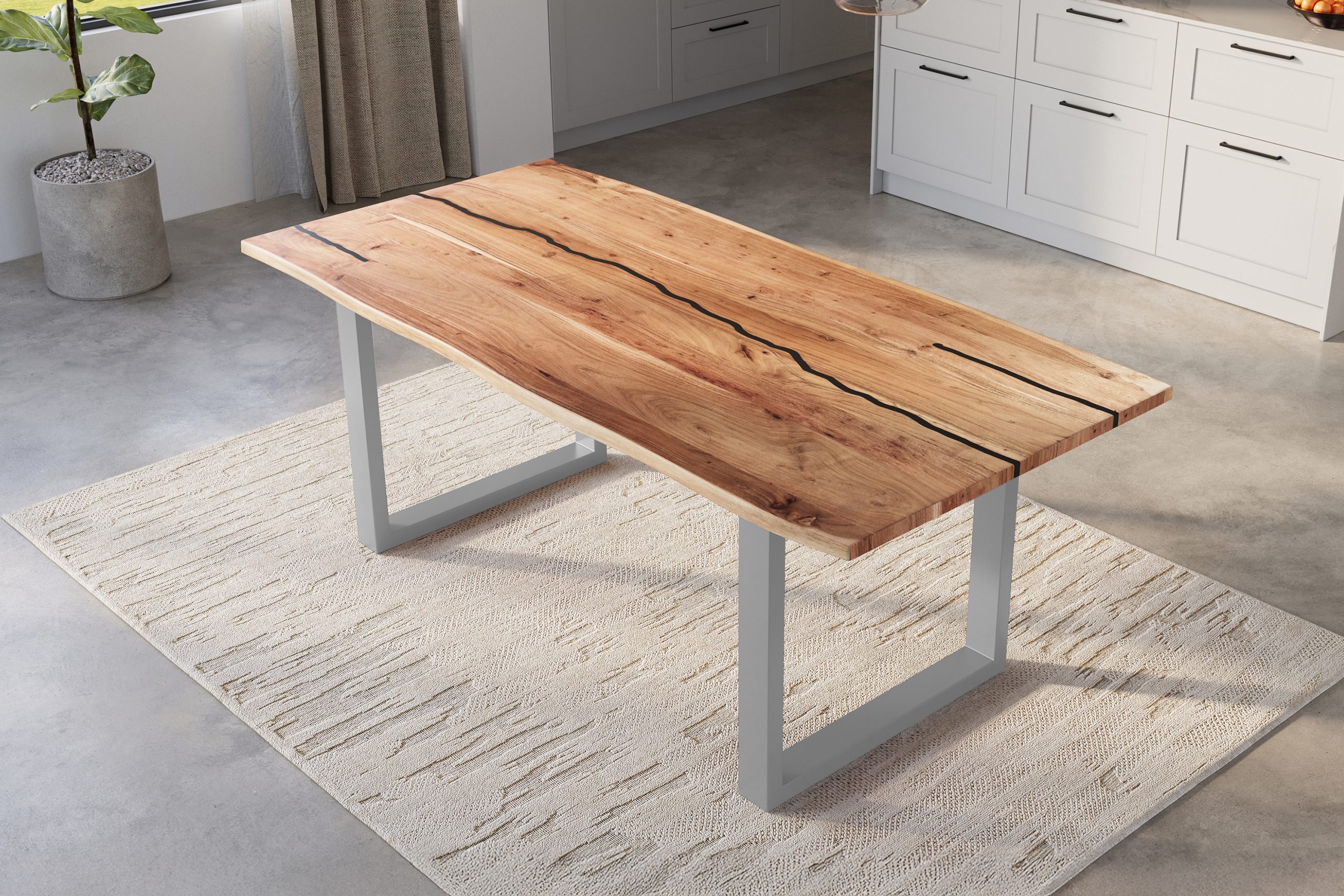 Baumkantentisch Akazie natur mit schwarzen Resin-Adern 220 x 100 cm U-Gestell silber POLLY – Bild 5