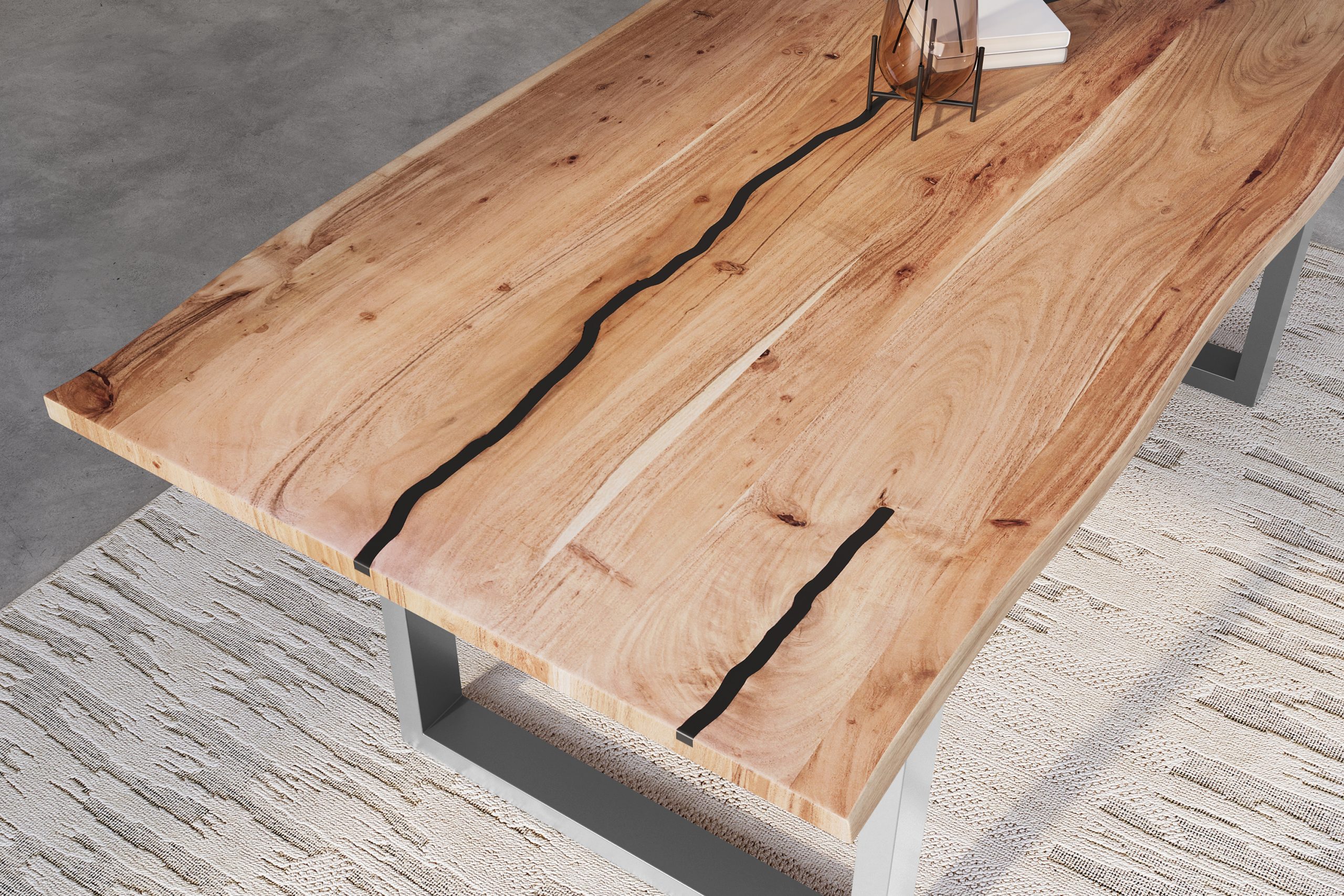 Baumkantentisch Akazie natur mit schwarzen Resin-Adern 220 x 100 cm U-Gestell silber POLLY – Bild 6