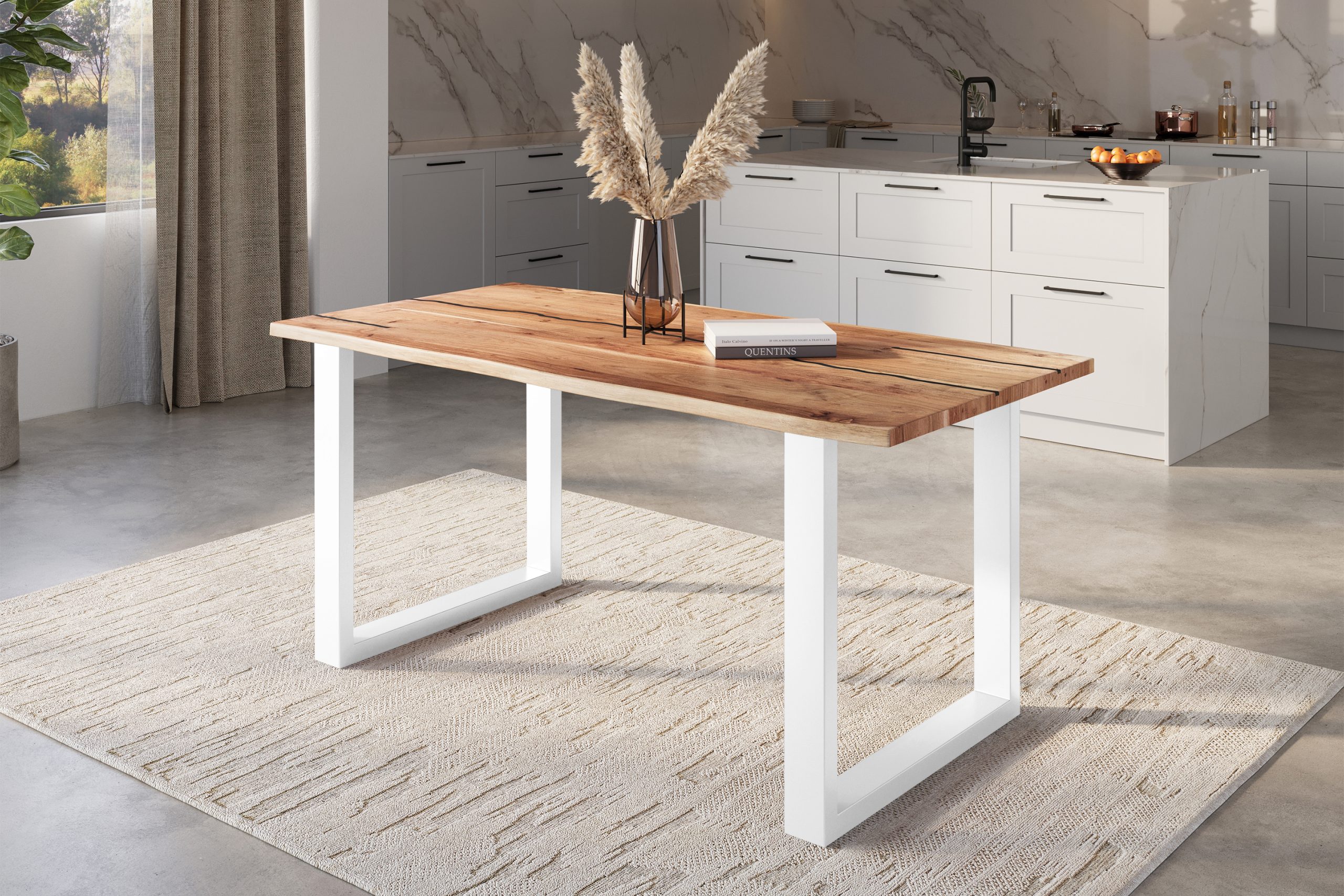 Baumkantentisch Akazie natur mit schwarzen Resin-Adern 120 x 80 U-Gestell weiß POLLY