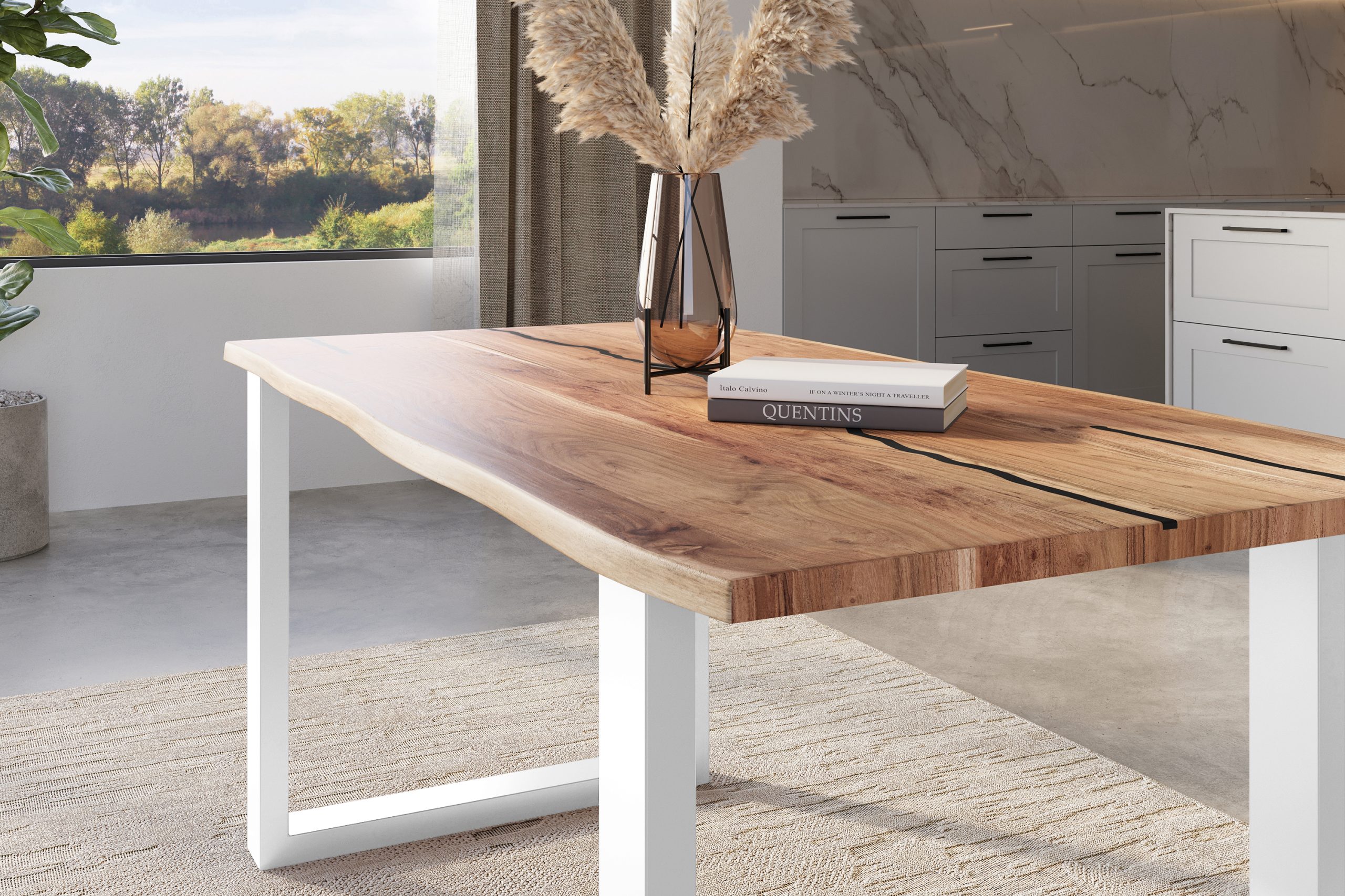 Baumkantentisch Akazie natur mit schwarzen Resin-Adern 120 x 80 U-Gestell weiß POLLY – Bild 4