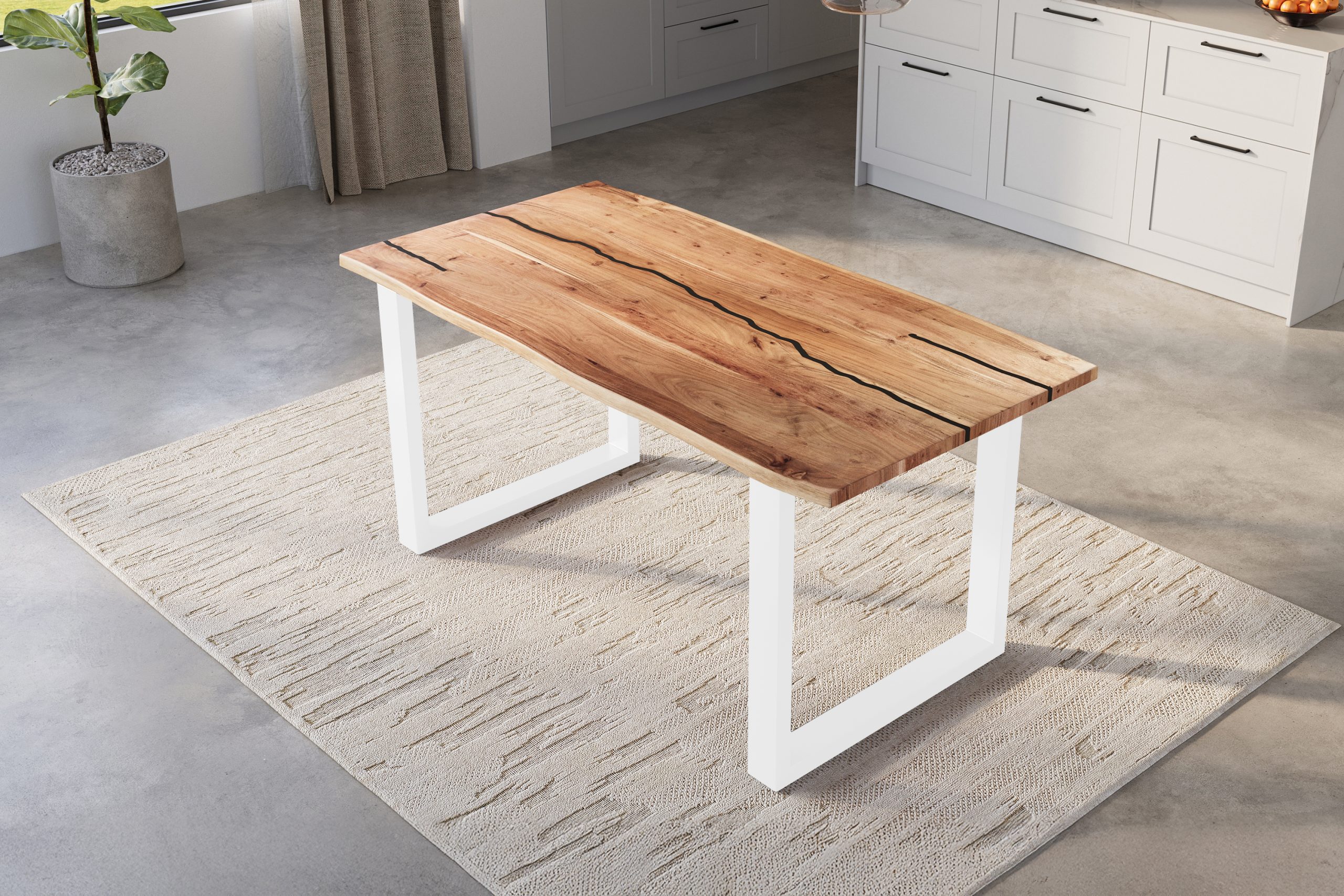 Baumkantentisch Akazie natur mit schwarzen Resin-Adern 140 x 80 cm U-Gestell weiß POLLY – Bild 5