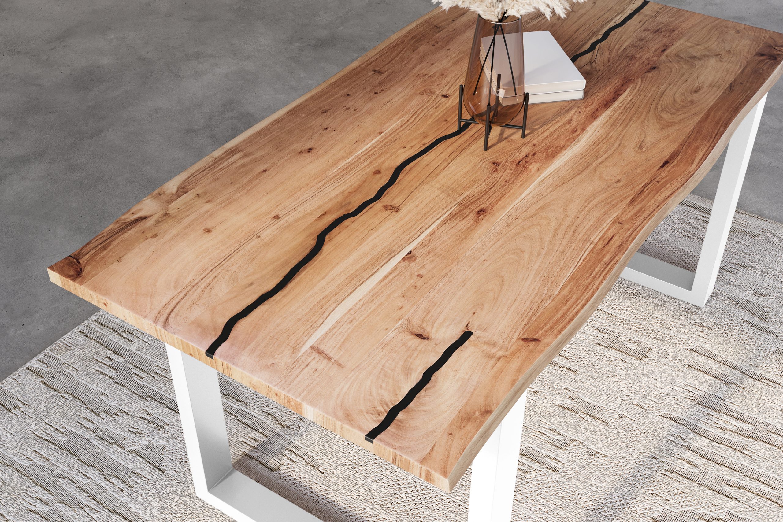 Baumkantentisch Akazie natur mit schwarzen Resin-Adern 140 x 80 cm U-Gestell weiß POLLY – Bild 6