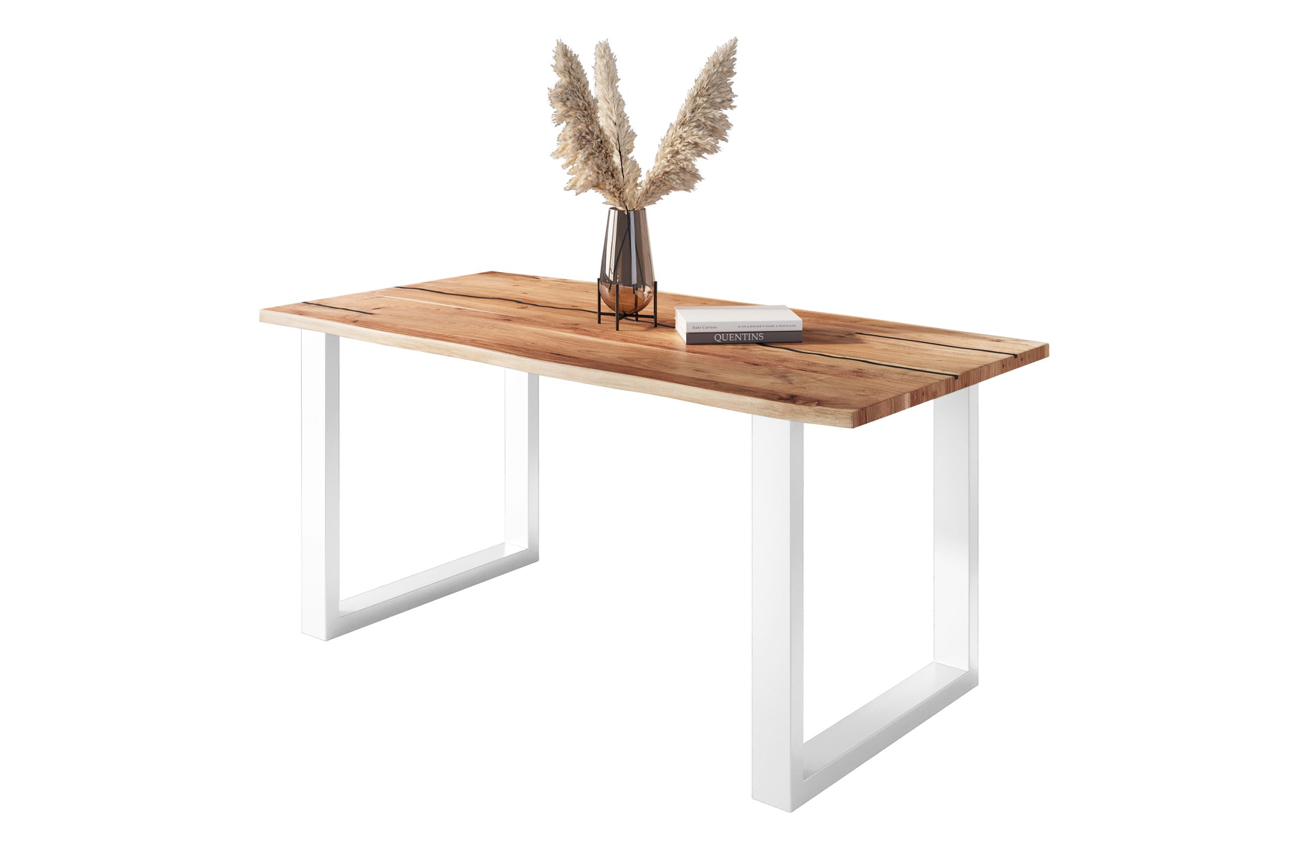 Baumkantentisch Akazie natur mit schwarzen Resin-Adern 160 x 85 cm U-Gestell weiß POLLY – Bild 2