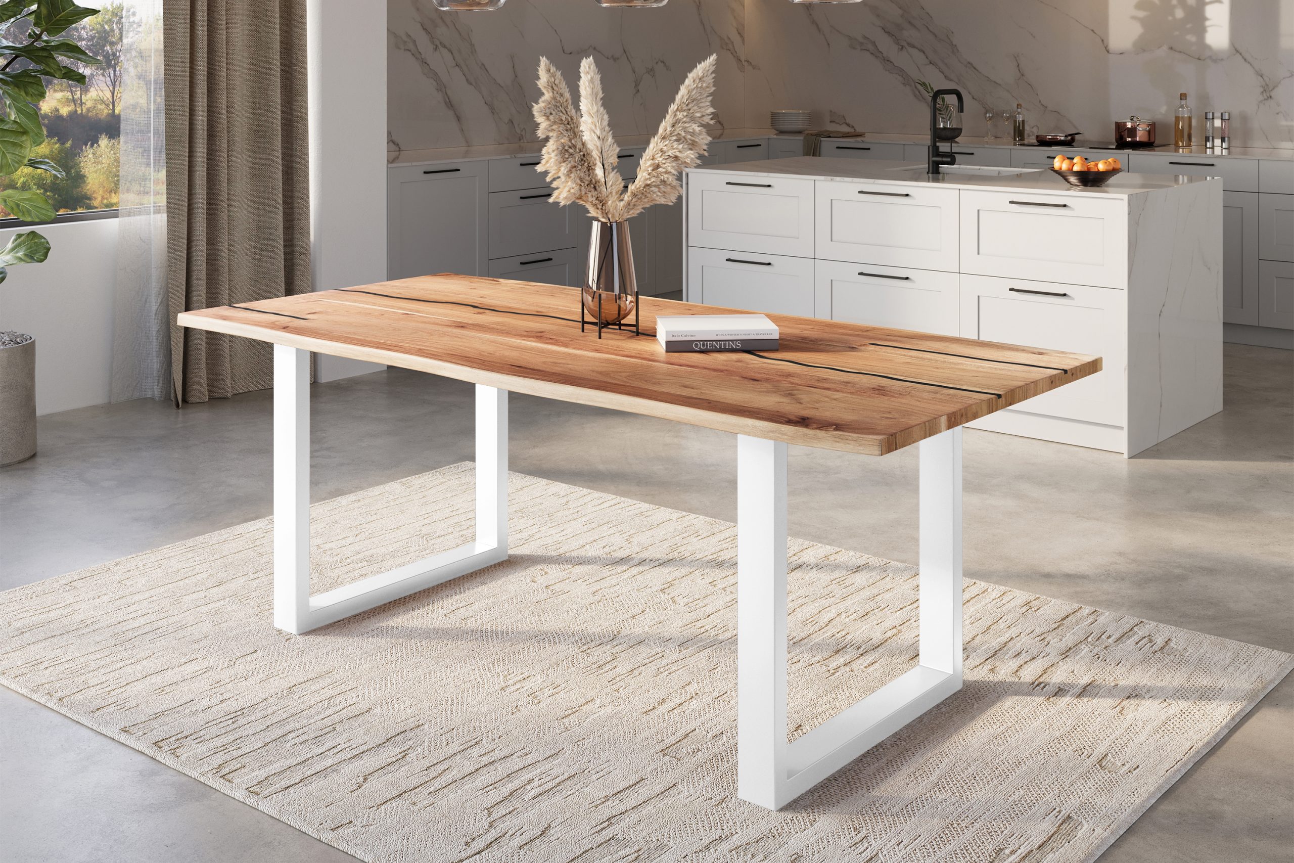 Baumkantentisch Akazie natur mit schwarzen Resin-Adern 240 x 100 cm U-Gestell weiß POLLY