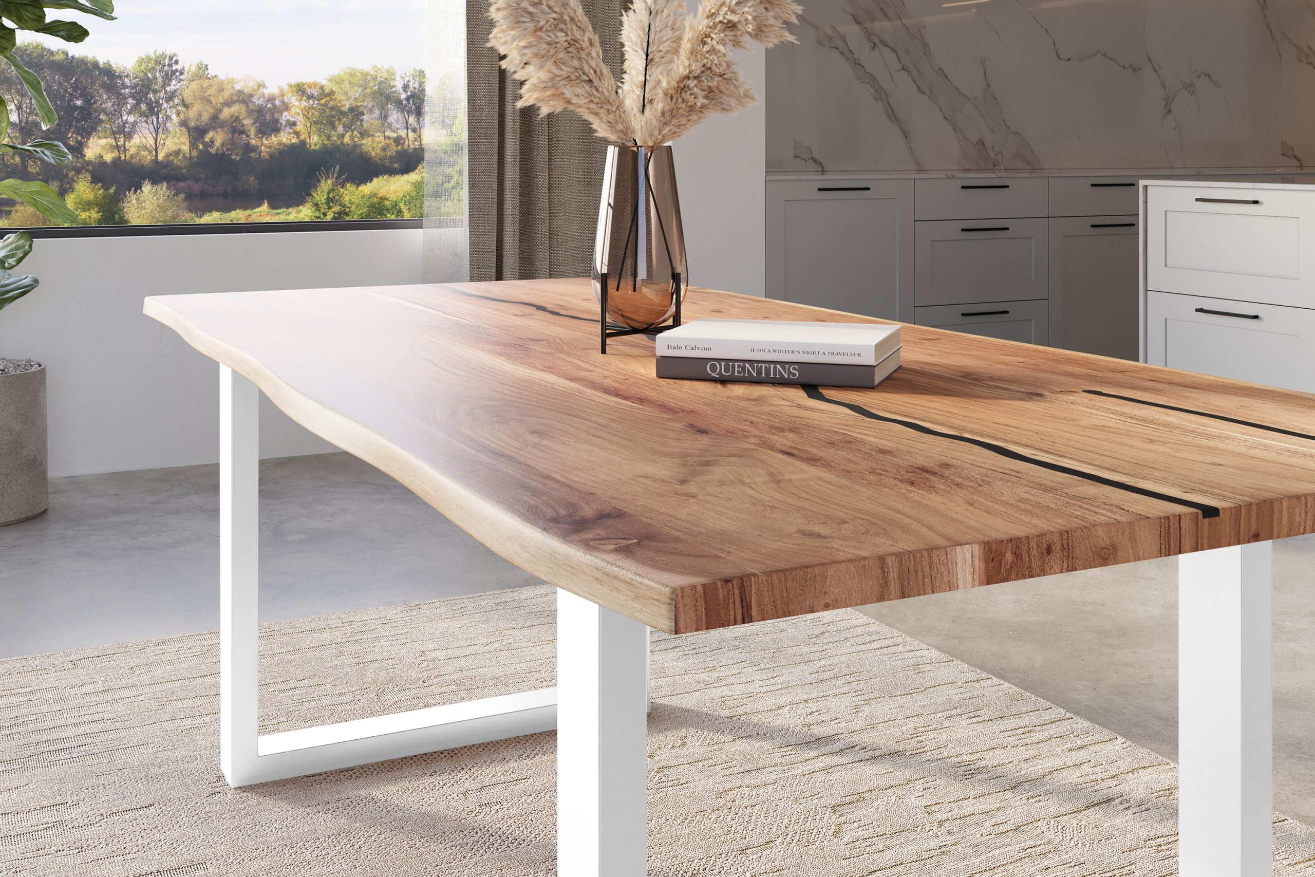 Baumkantentisch Akazie natur mit schwarzen Resin-Adern 240 x 100 cm U-Gestell weiß POLLY – Bild 4