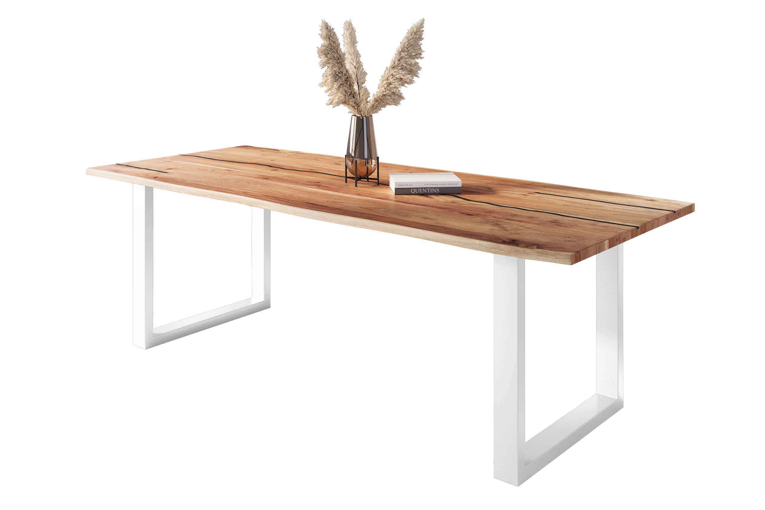 Baumkantentisch Akazie natur mit schwarzen Resin-Adern 300 x 100 cm U-Gestell weiß POLLY – Bild 2