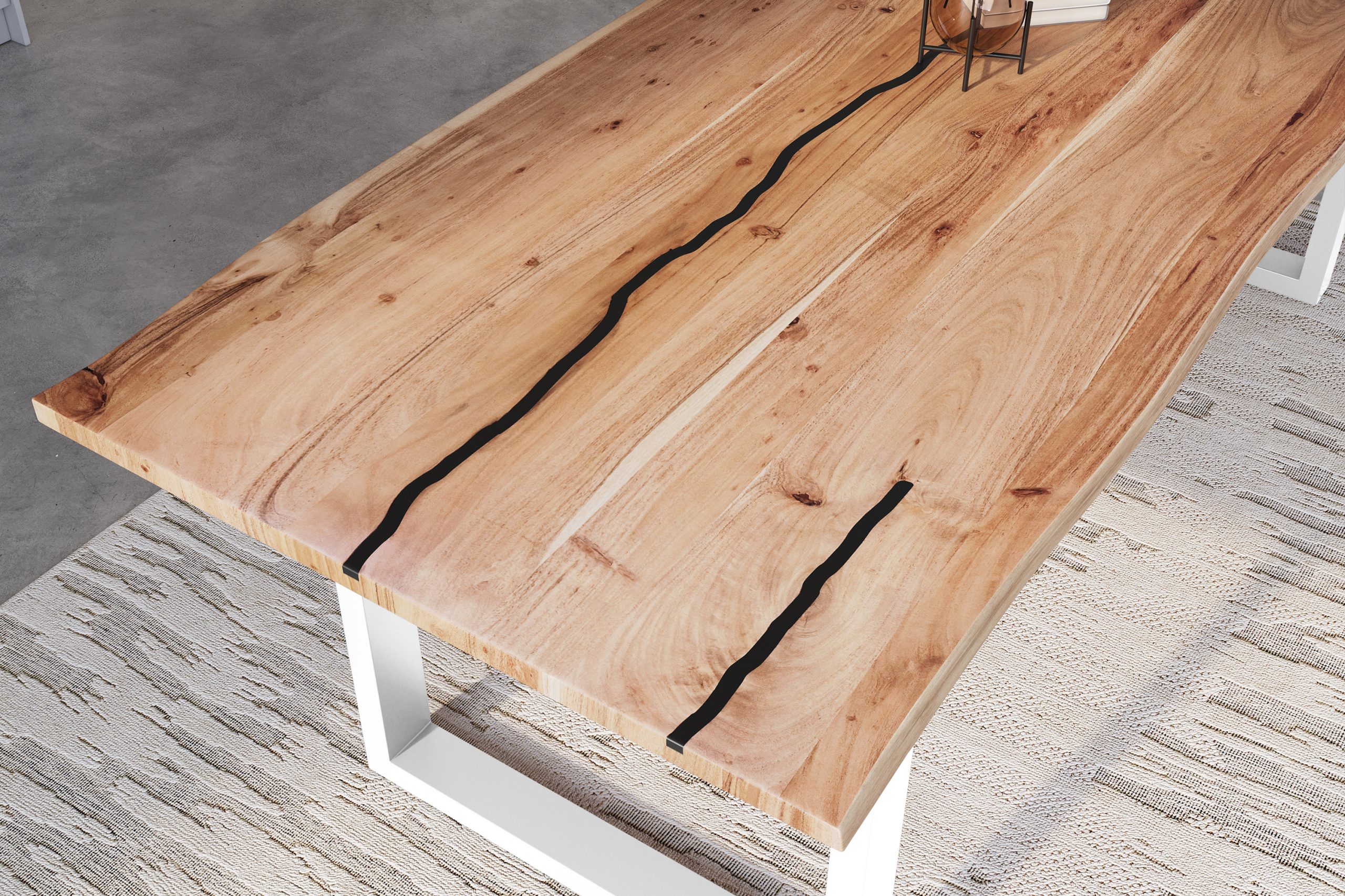 Baumkantentisch Akazie natur mit schwarzen Resin-Adern 300 x 100 cm U-Gestell weiß POLLY – Bild 6