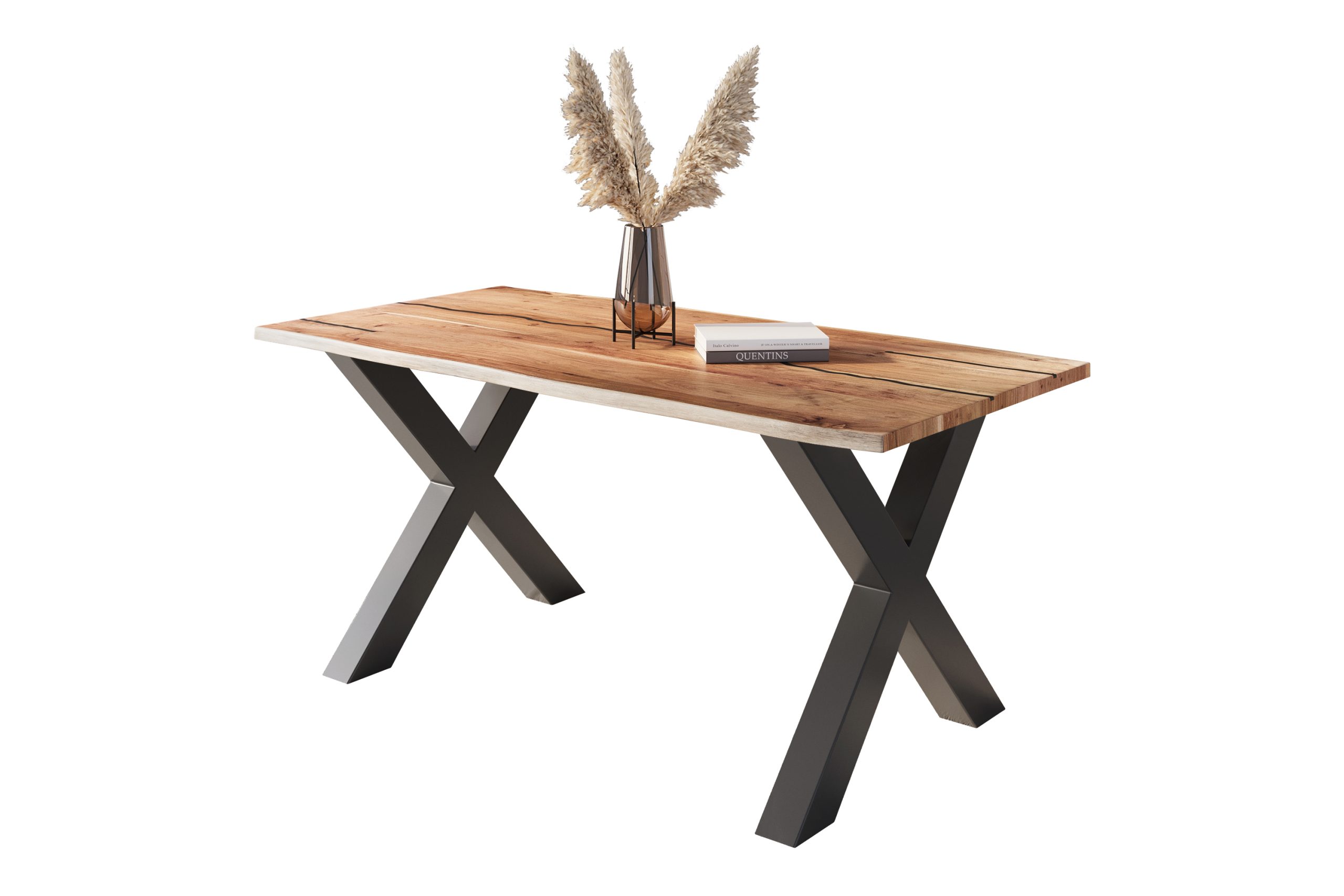 Baumkantentisch Akazie natur mit schwarzen Resin-Adern 140 x 80 cm X-Gestell schwarz POLLY – Bild 2