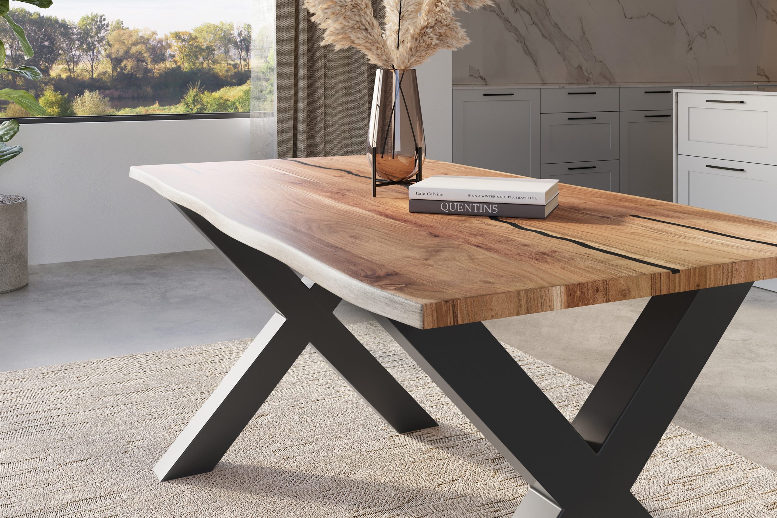 Baumkantentisch Akazie natur mit schwarzen Resin-Adern 160 x 85 cm X-Gestell schwarz POLLY – Bild 4