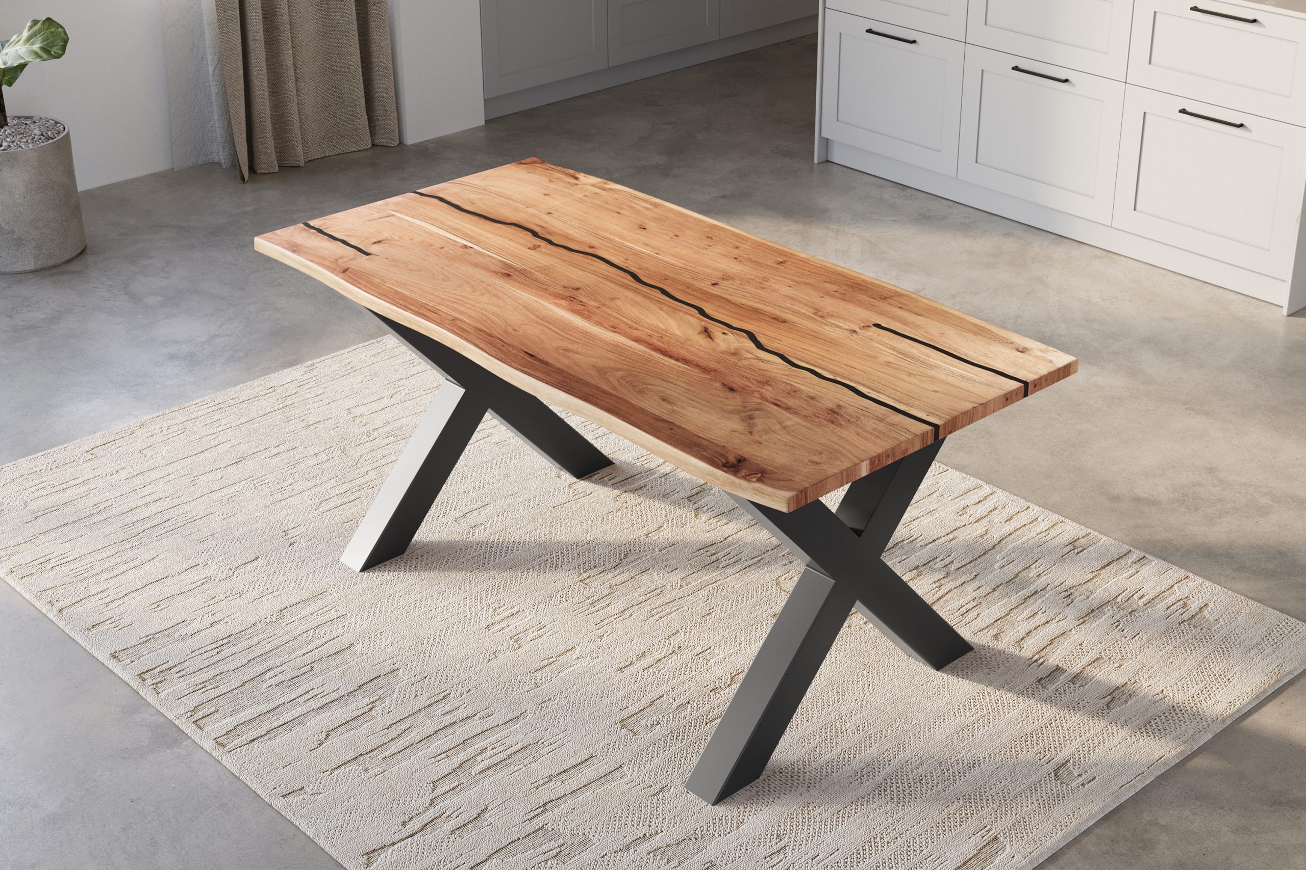 Baumkantentisch Akazie natur mit schwarzen Resin-Adern 160 x 85 cm X-Gestell schwarz POLLY – Bild 5