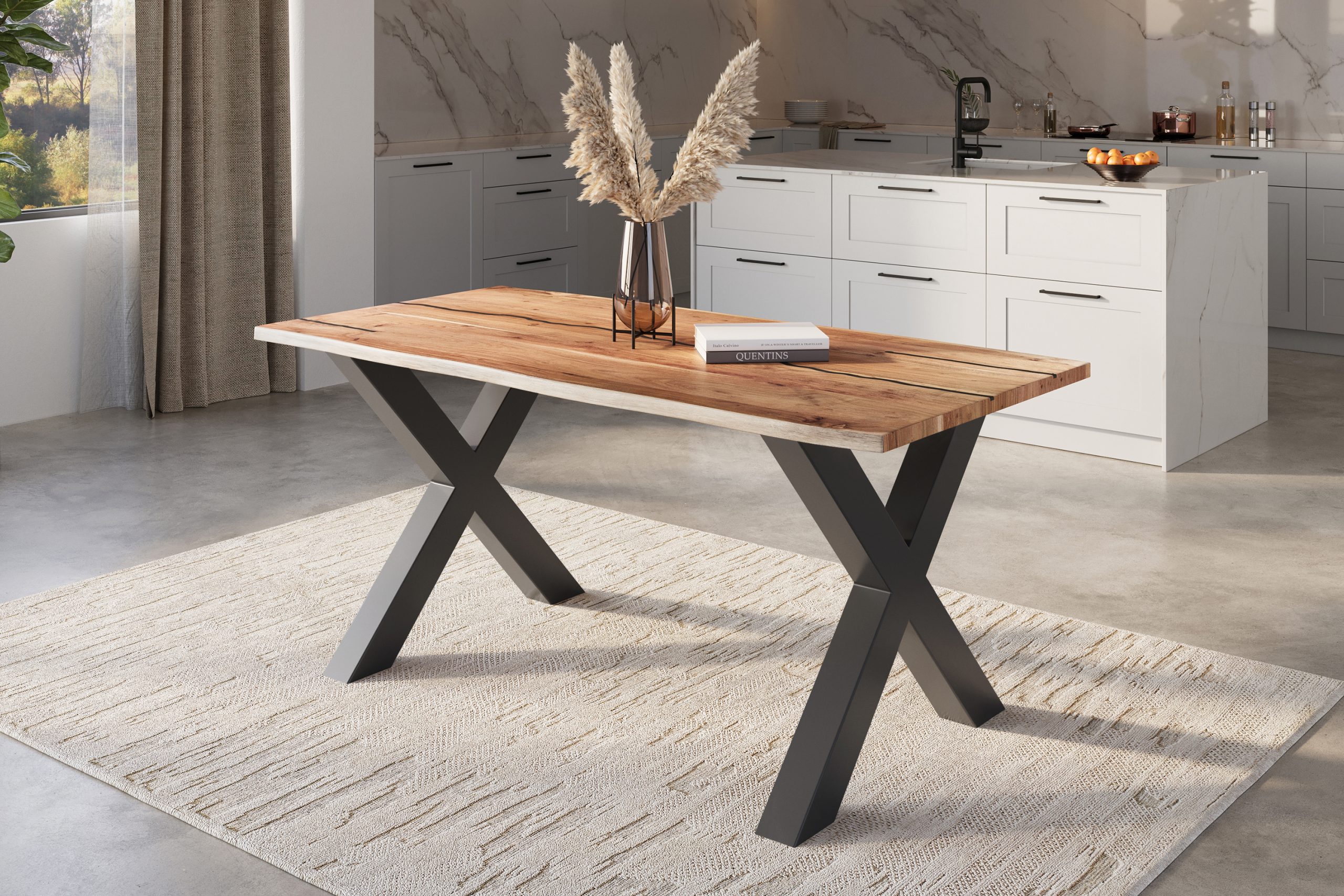 Baumkantentisch Akazie natur mit schwarzen Resin-Adern 180 x 90 cm X-Gestell schwarz POLLY