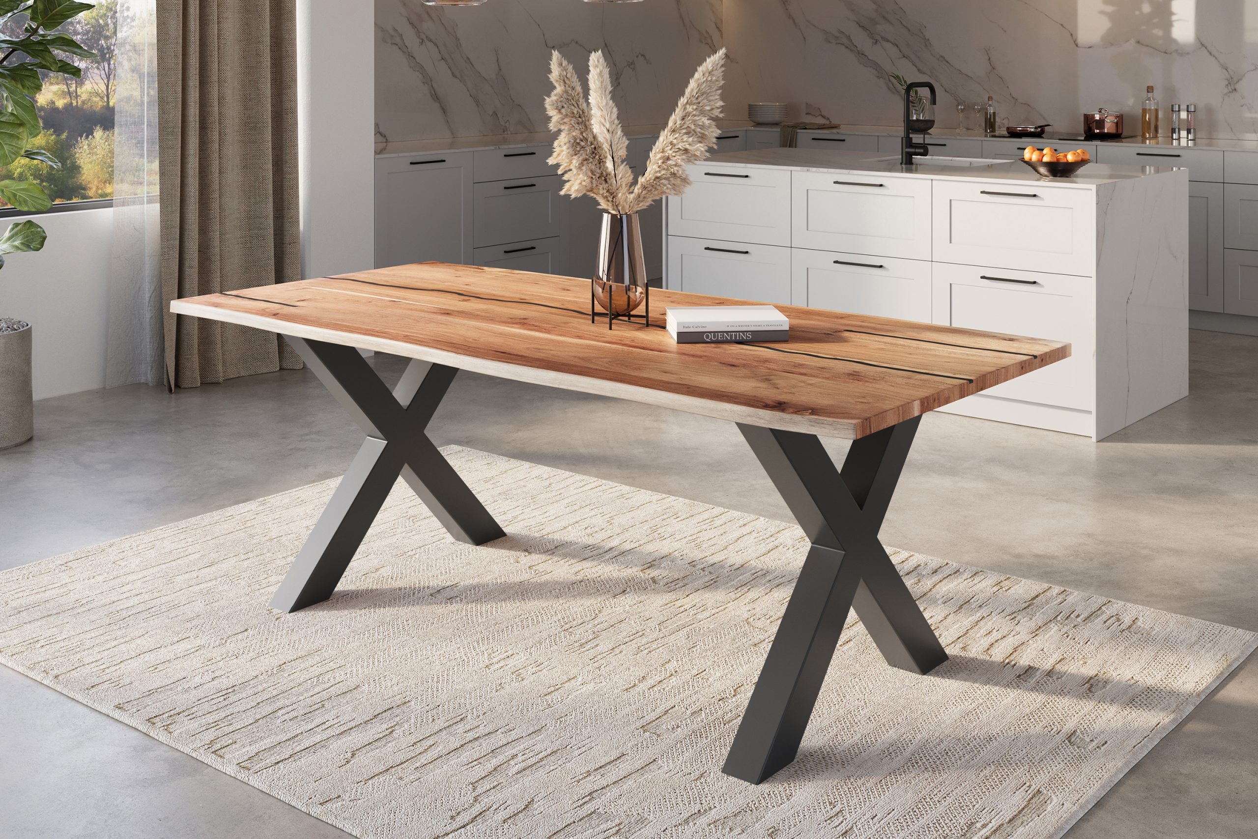 Baumkantentisch Akazie natur mit schwarzen Resin-Adern 240 x 100 cm X-Gestell schwarz POLLY