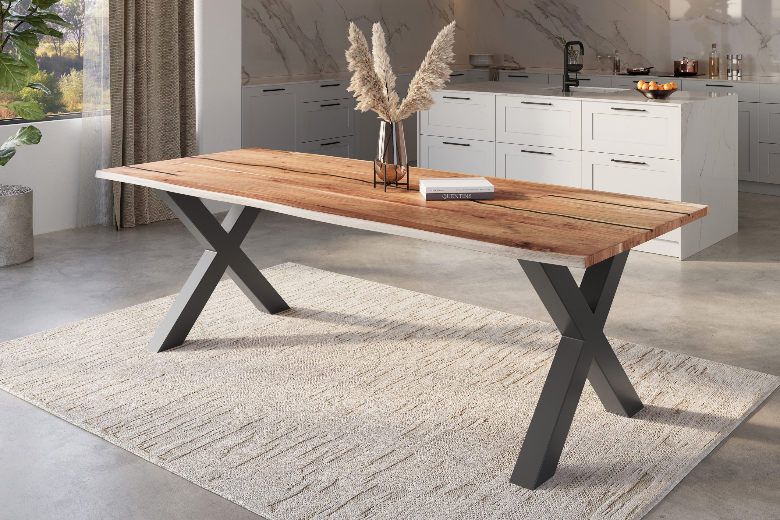 Baumkantentisch Akazie natur mit schwarzen Resin-Adern 260 x 100 cm X-Gestell schwarz POLLY