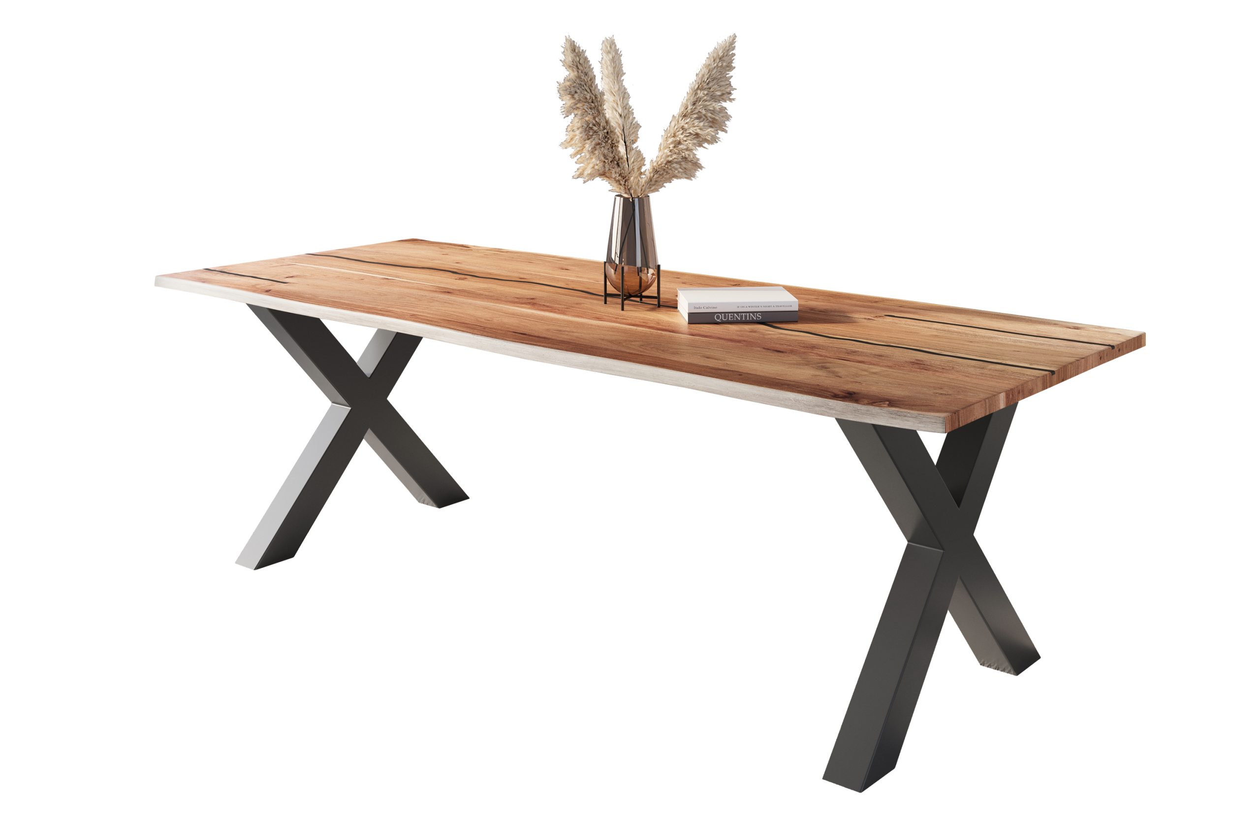 Baumkantentisch Akazie natur mit schwarzen Resin-Adern 260 x 100 cm X-Gestell schwarz POLLY – Bild 2