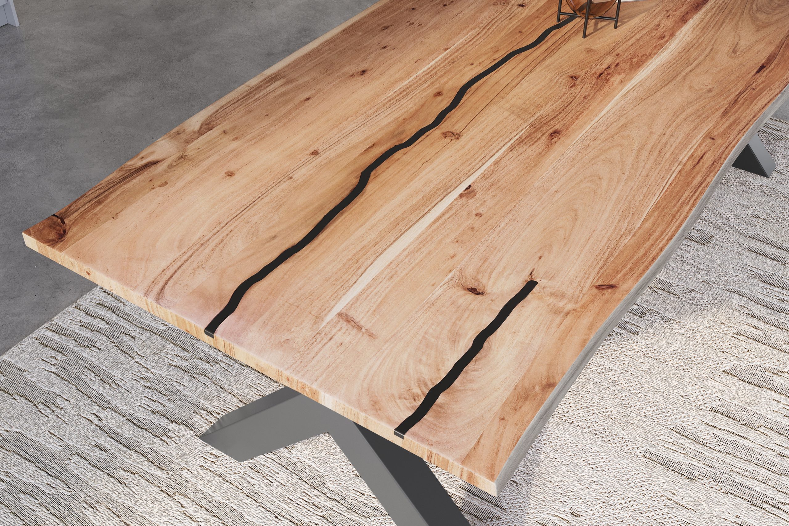 Baumkantentisch Akazie natur mit schwarzen Resin-Adern 260 x 100 cm X-Gestell schwarz POLLY – Bild 6