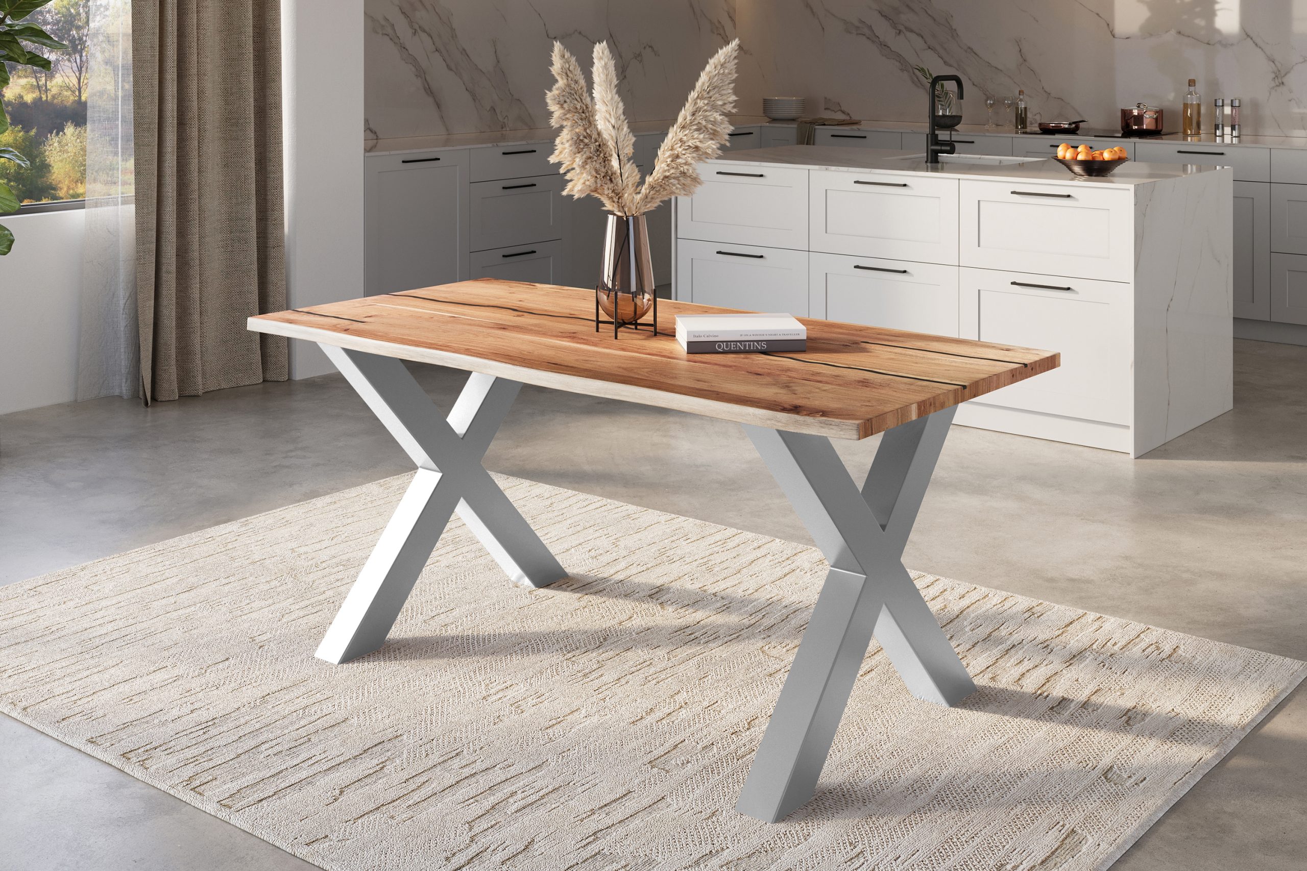 Baumkantentisch Akazie natur mit schwarzen Resin-Adern 120 x 80 cm X-Gestell silber POLLY