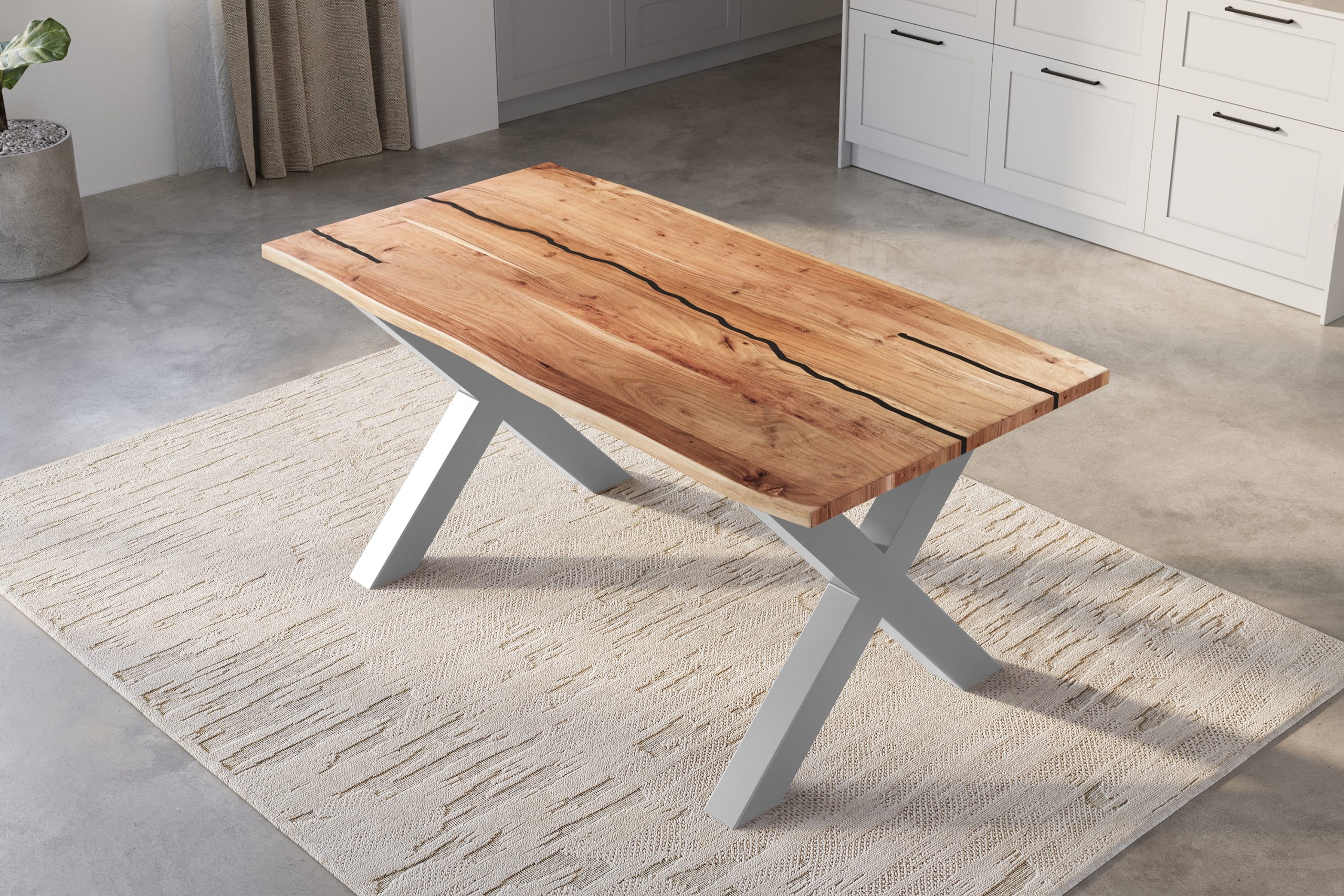 Baumkantentisch Akazie natur mit schwarzen Resin-Adern 180 x 90 cm X-Gestell silber POLLY – Bild 5