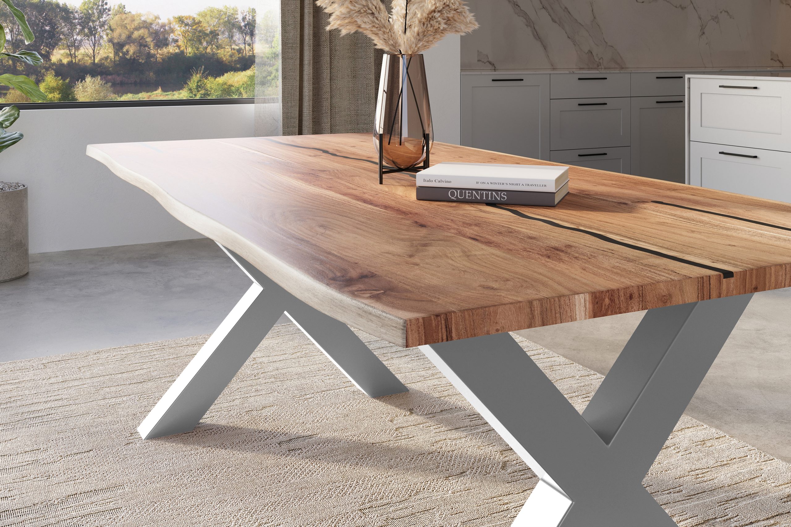 Baumkantentisch Akazie natur mit schwarzen Resin-Adern 240 x 100 cm X-Gestell silber POLLY – Bild 4