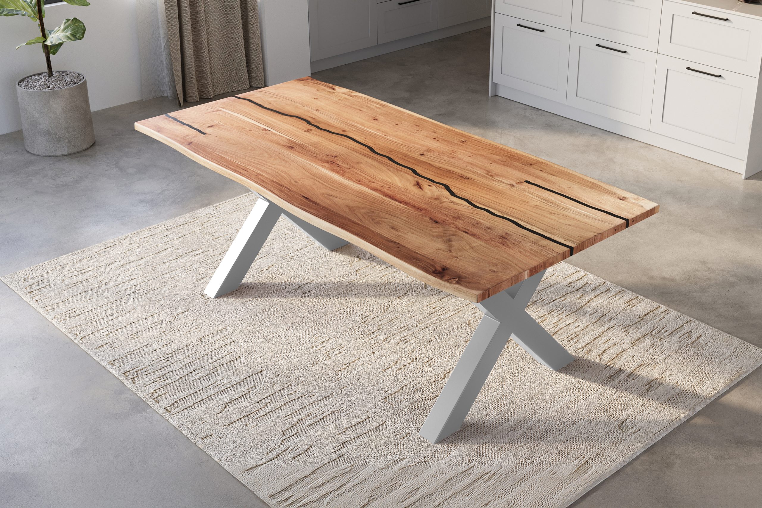 Baumkantentisch Akazie natur mit schwarzen Resin-Adern 240 x 100 cm X-Gestell silber POLLY – Bild 5