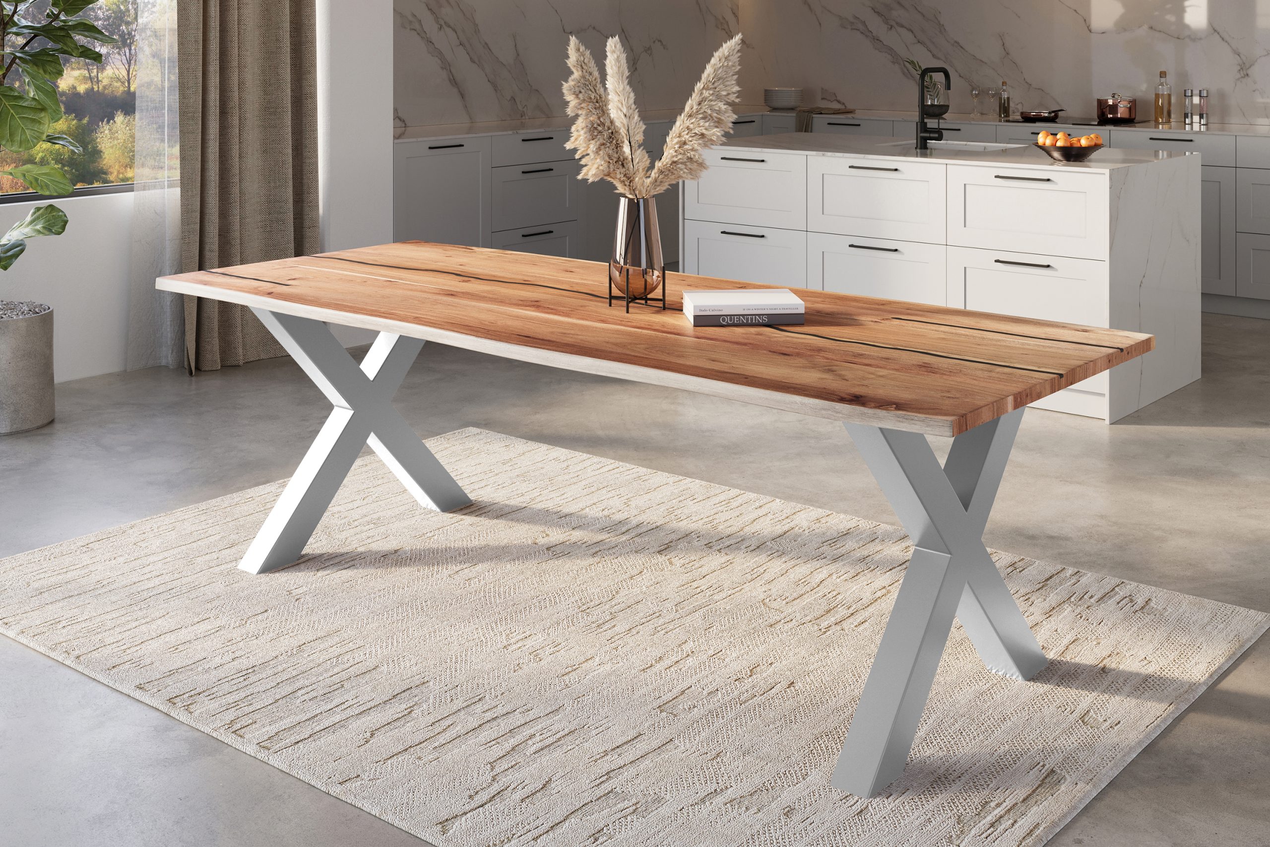 Baumkantentisch Akazie natur mit schwarzen Resin-Adern 260 x 100 cm X-Gestell silber POLLY