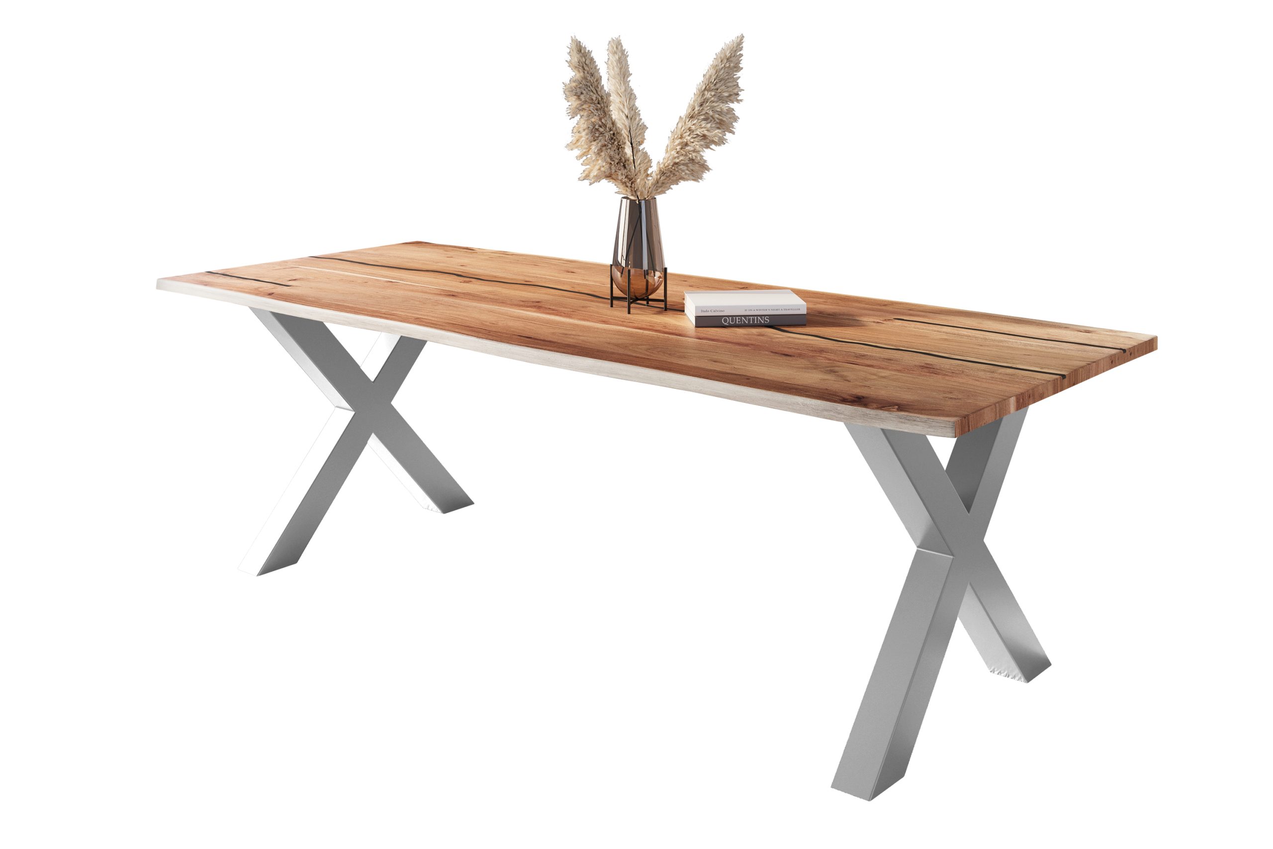 Baumkantentisch Akazie natur mit schwarzen Resin-Adern 280 x 100 cm X-Gestell silber POLLY – Bild 2