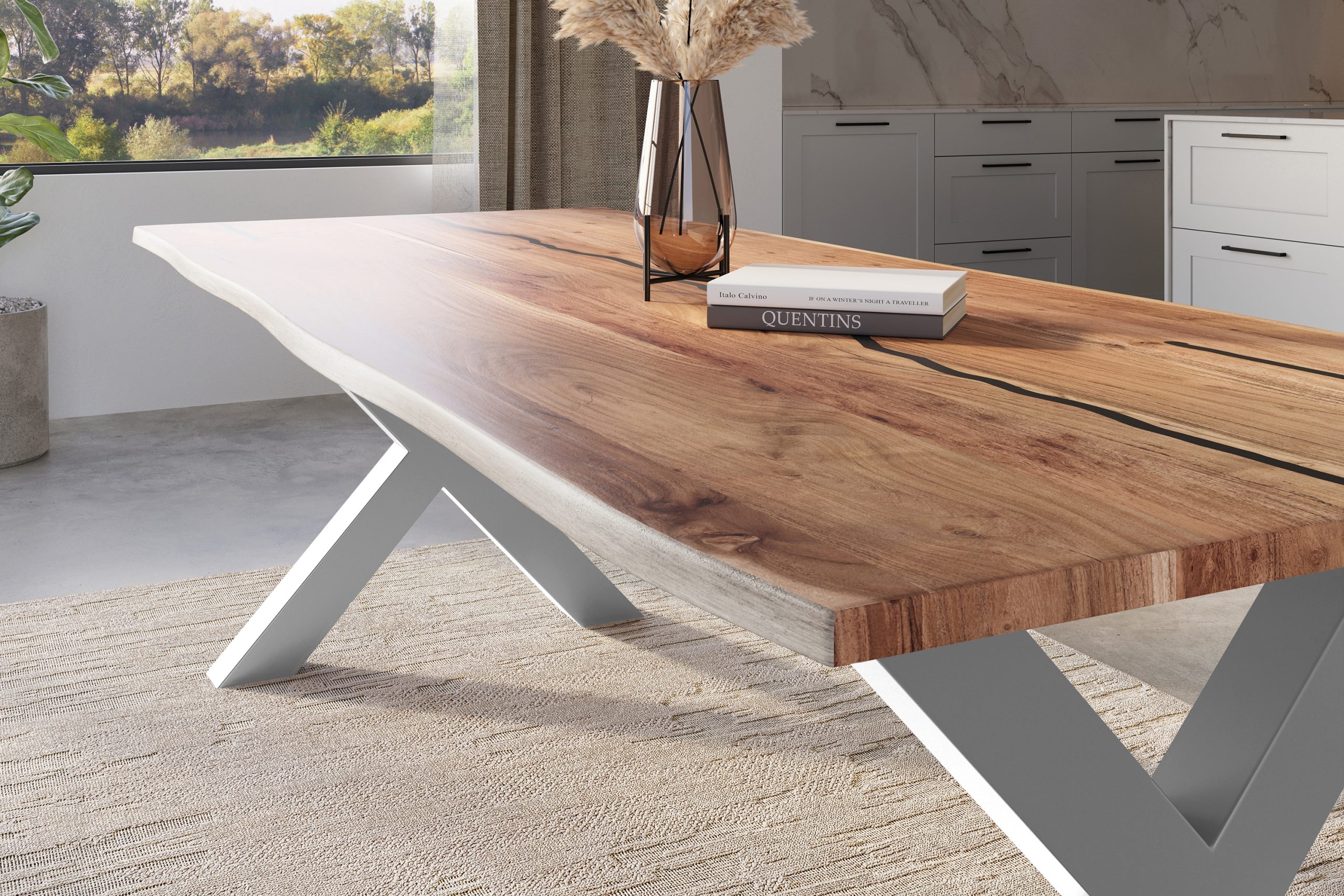 Baumkantentisch Akazie natur mit schwarzen Resin-Adern 280 x 100 cm X-Gestell silber POLLY – Bild 4