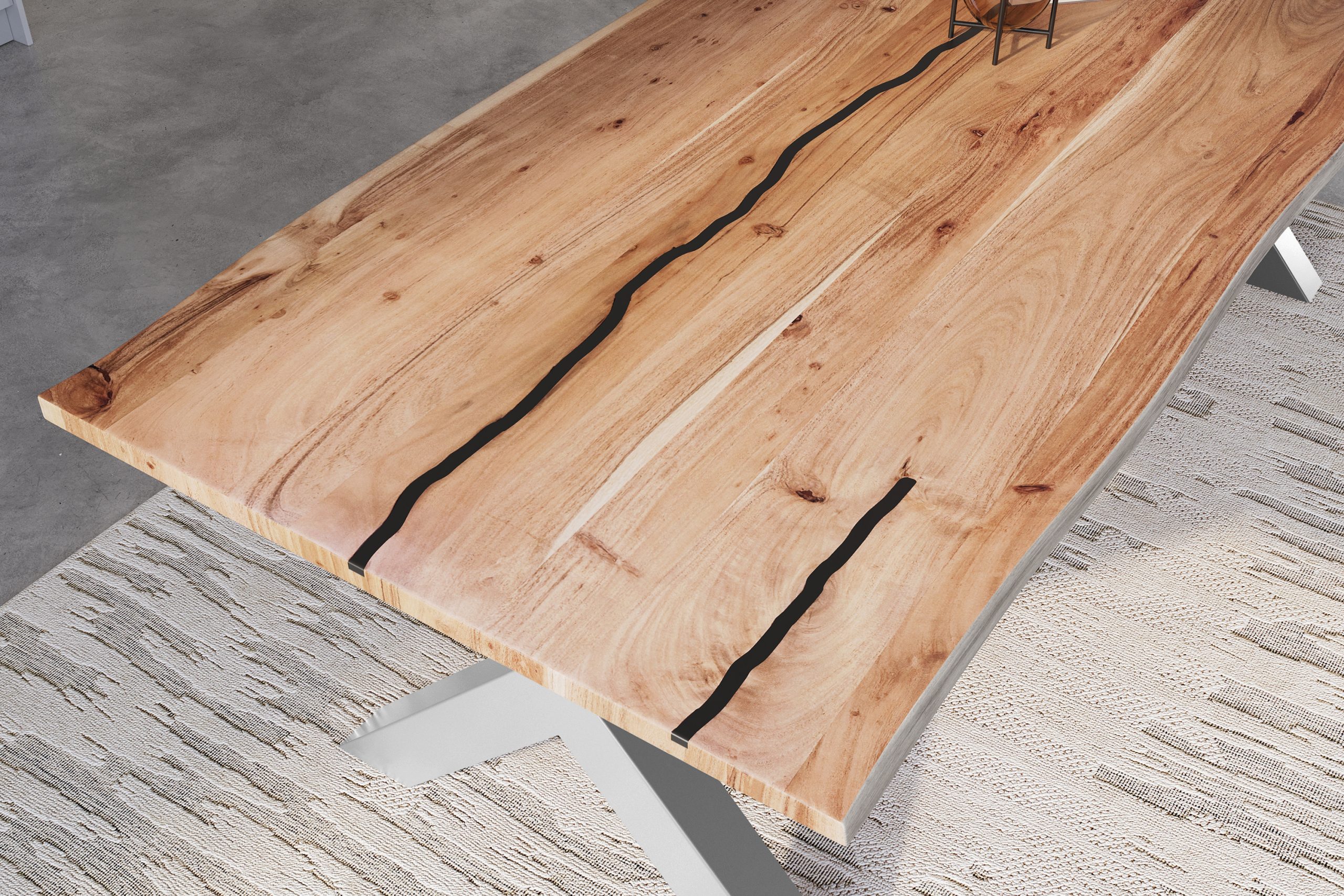 Baumkantentisch Akazie natur mit schwarzen Resin-Adern 300 x 100 cm X-Gestell silber POLLY – Bild 6